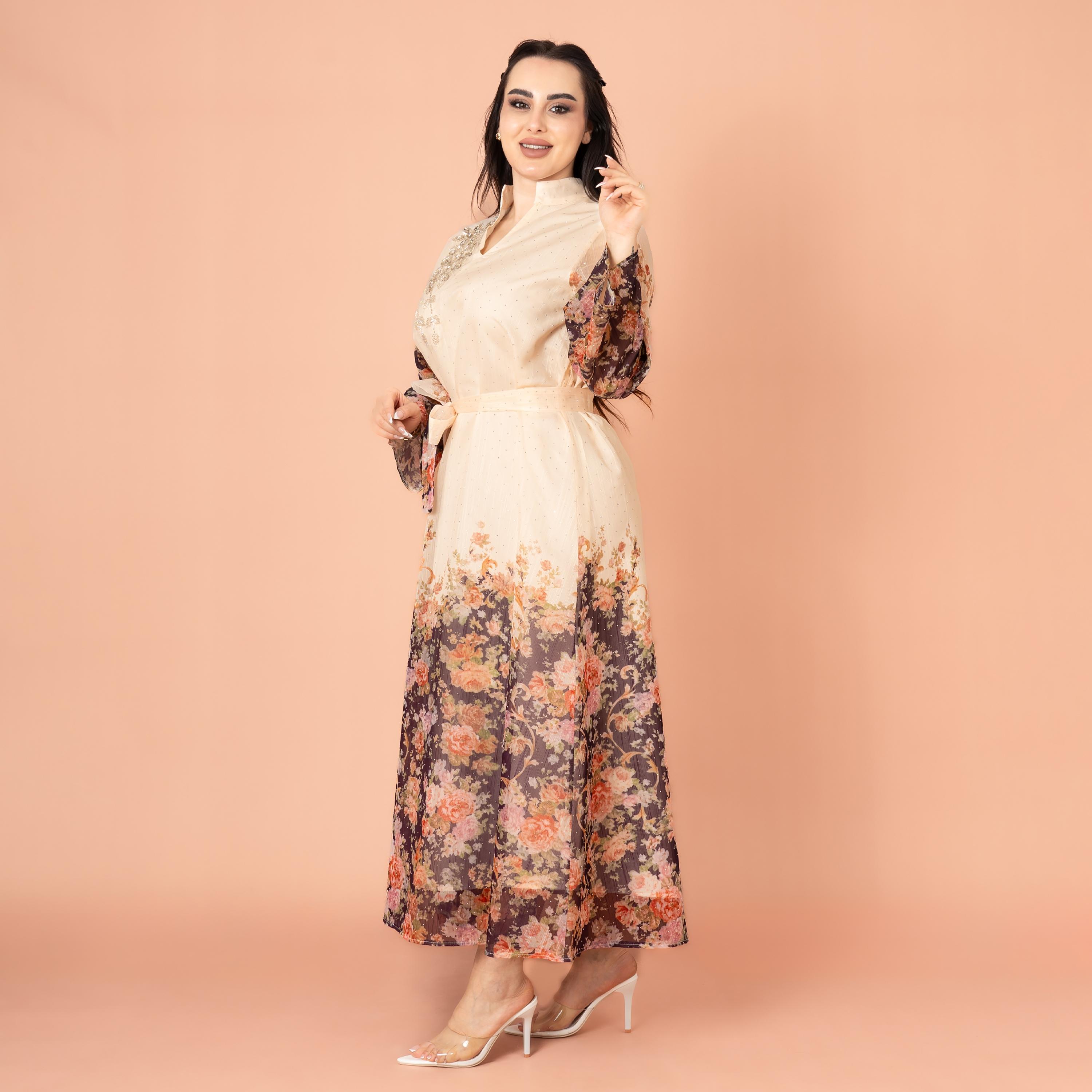 IKKXA Mandarin Collar Floral Print with Crystal Work Evening Women's Jalabiya-women-arabicclothing-jalabiyas-image-12