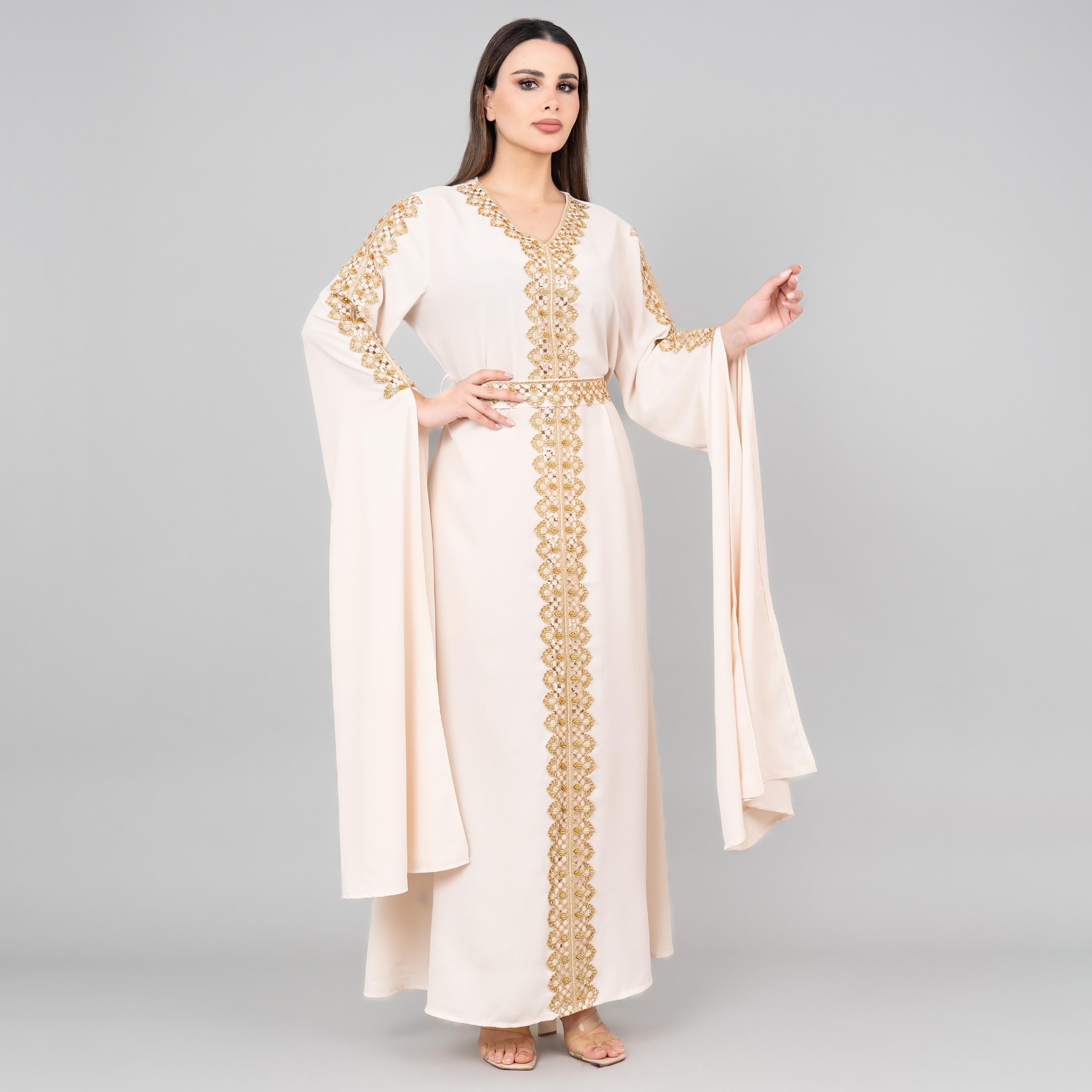 قفطان نسائي بأكمام كاب ومزين بالخرز والترتر وحزام من إككسا-women-arabicclothing-jalabiyas-image-9