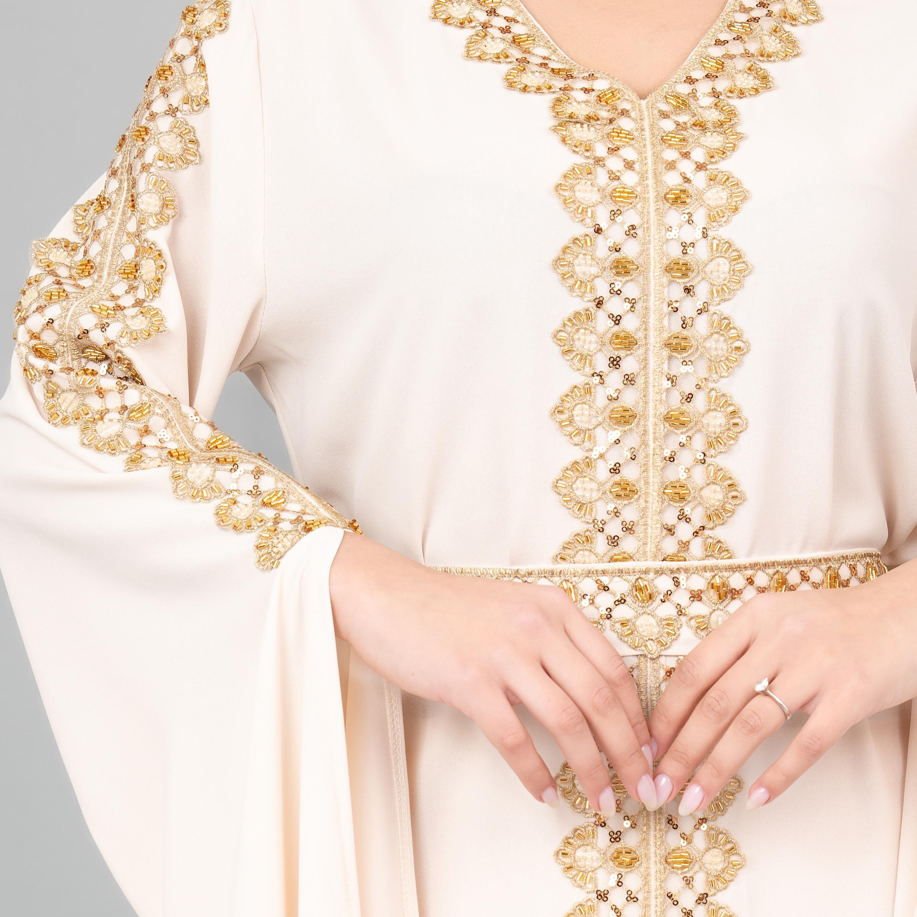 قفطان نسائي بأكمام كاب ومزين بالخرز والترتر وحزام من إككسا-women-arabicclothing-jalabiyas-image-10