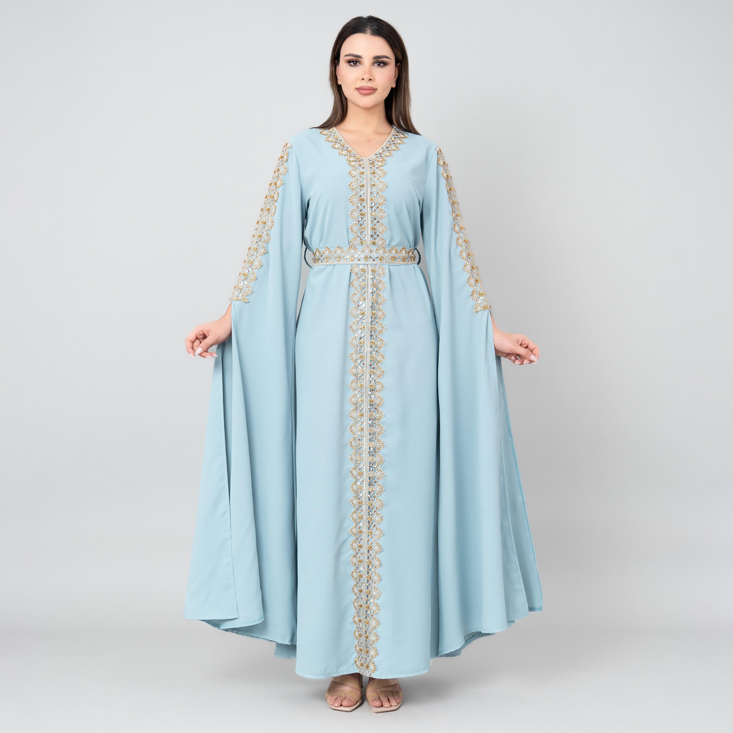 قفطان نسائي بأكمام كاب ومزين بالخرز والترتر وحزام من إككسا-women-arabicclothing-jalabiyas-image-5