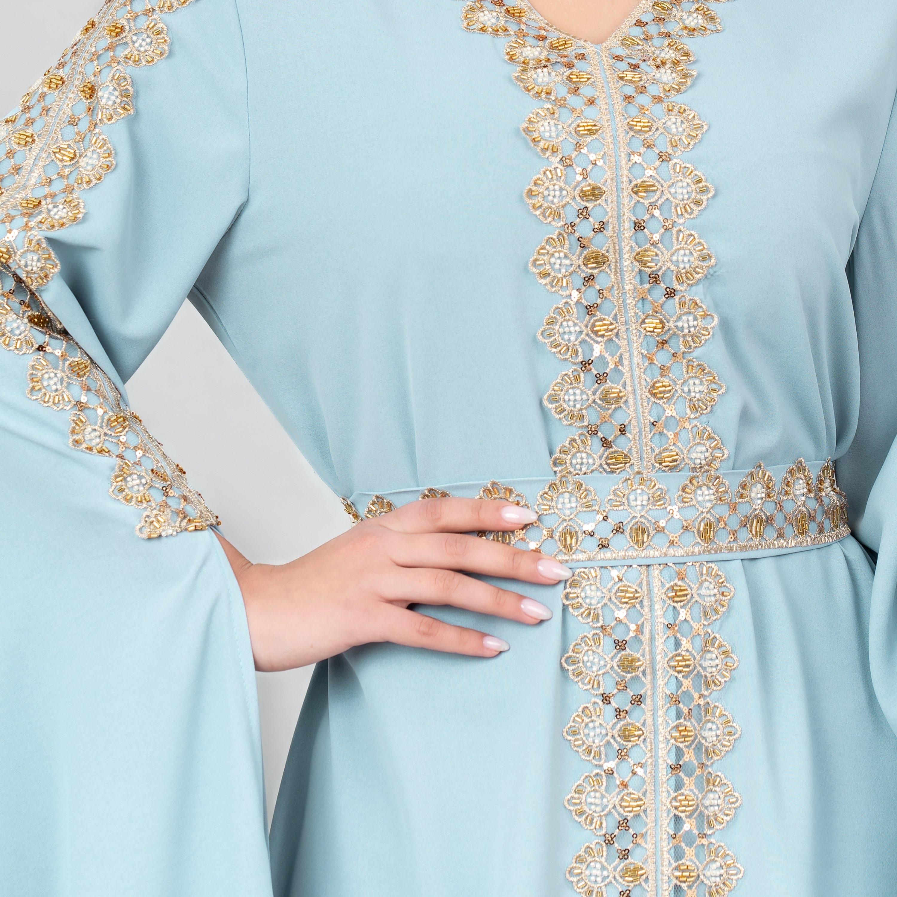 قفطان نسائي بأكمام كاب ومزين بالخرز والترتر وحزام من إككسا-women-arabicclothing-jalabiyas-image-6