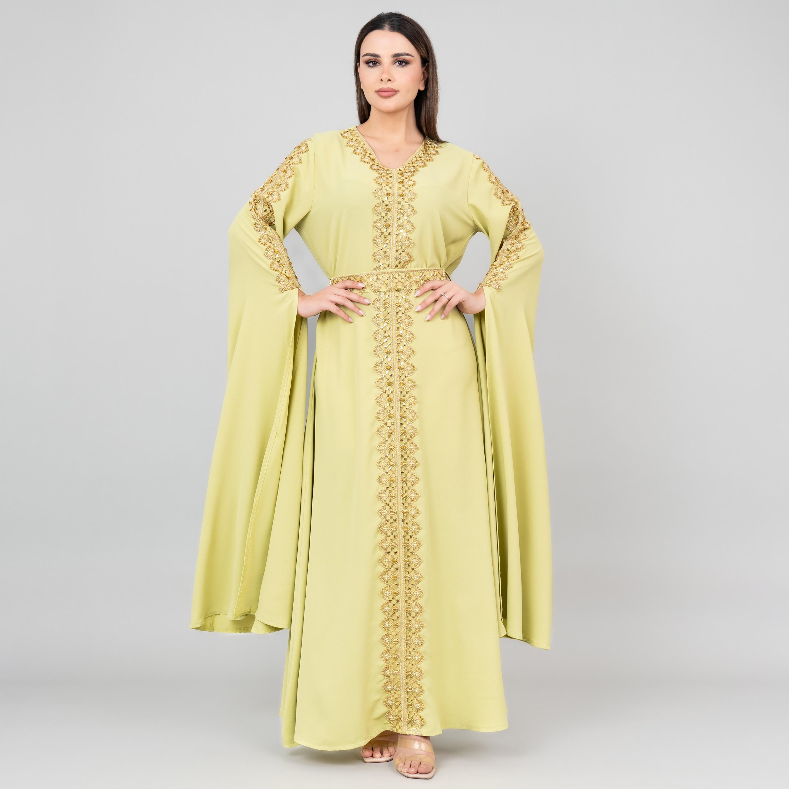 IKKXA Cape Sleeves Beaded and Sequins Belted Women's Kaftan-women-arabicclothing-jalabiyas-image-1
