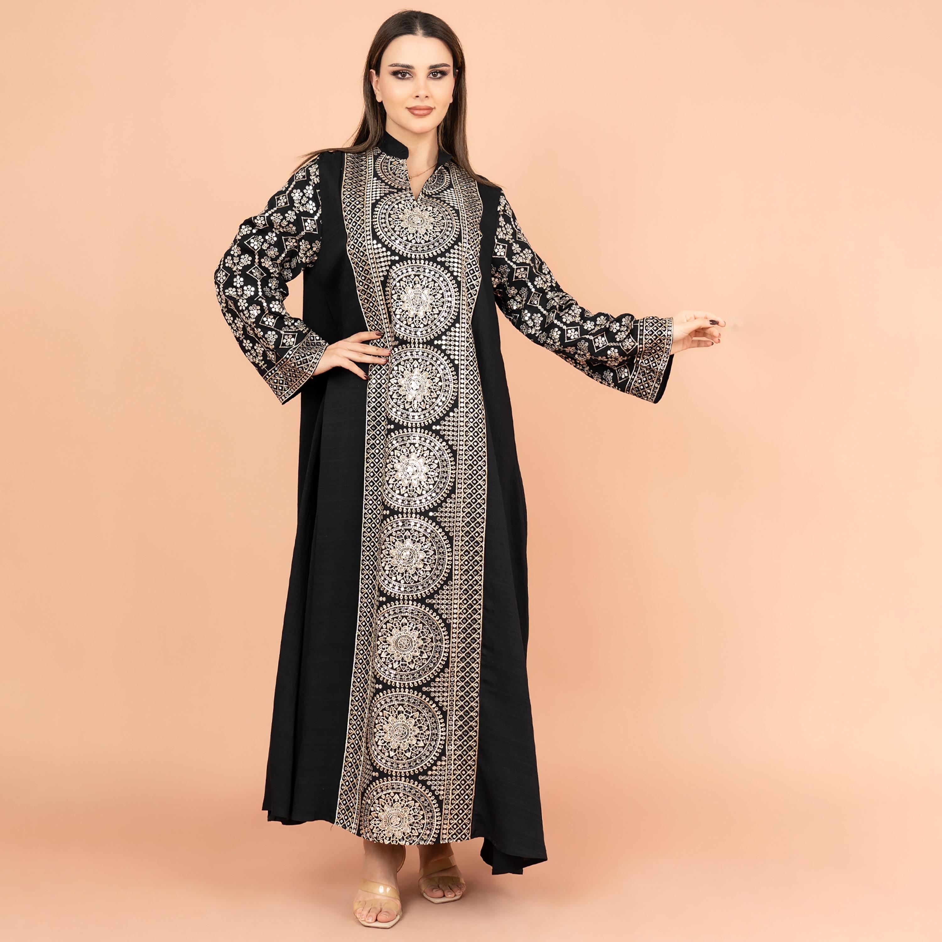 جلابية نسائية عصرية مطرزة بالترتر وياقة ماندرين من إككسا-women-arabicclothing-jalabiyas-image-1