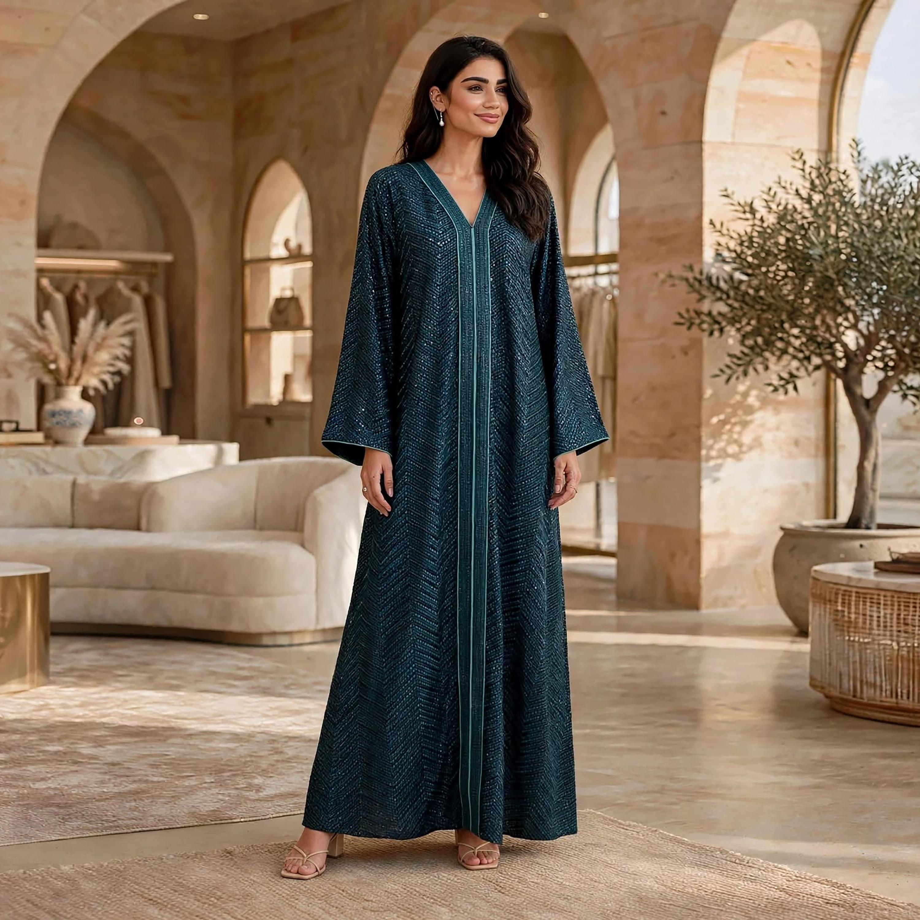 IKKXA Geometric Embroidered Flared Sleeves Women's Jalabiya-women-arabicclothing-jalabiyas-image-1