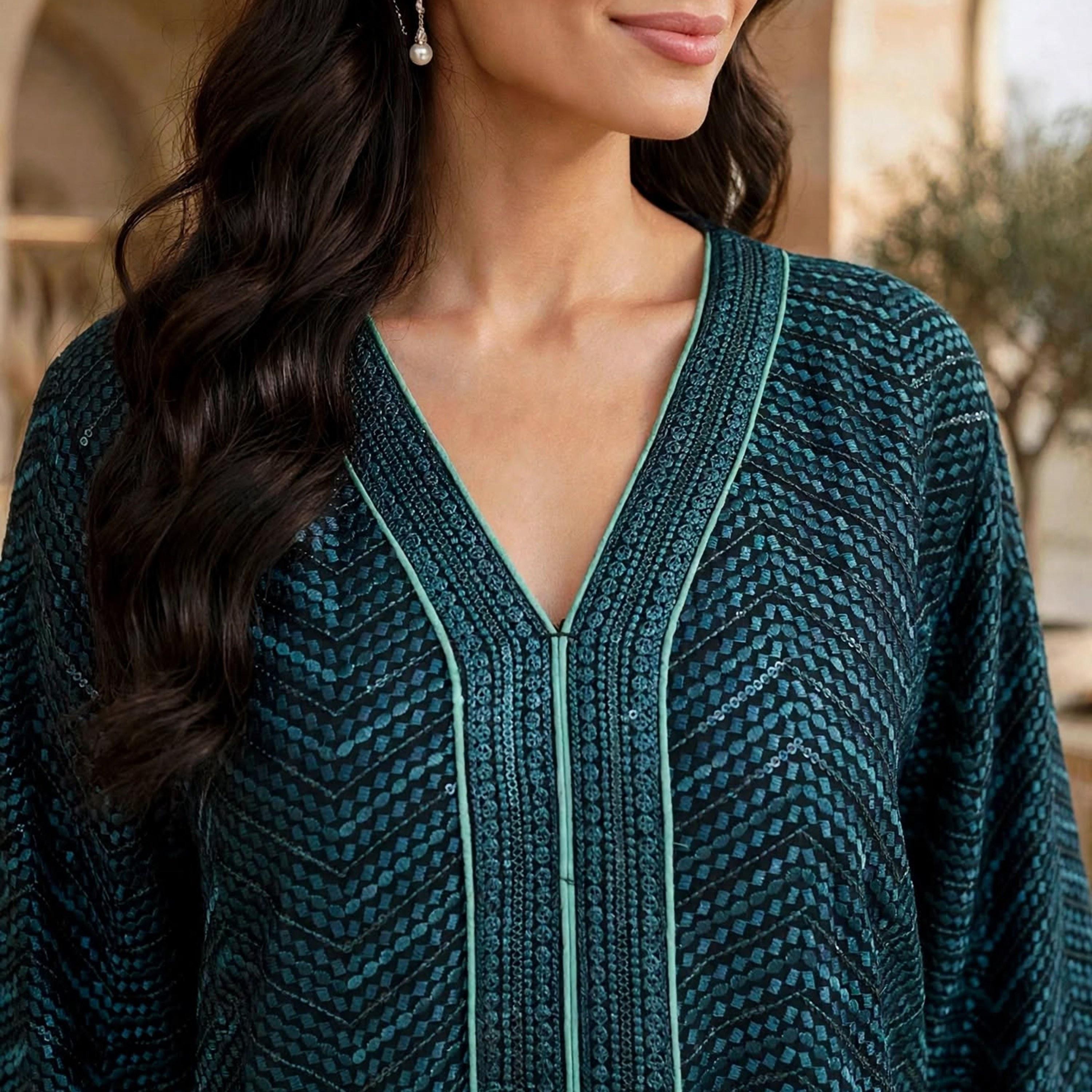 IKKXA Geometric Embroidered Flared Sleeves Women's Jalabiya-women-arabicclothing-jalabiyas-image-2