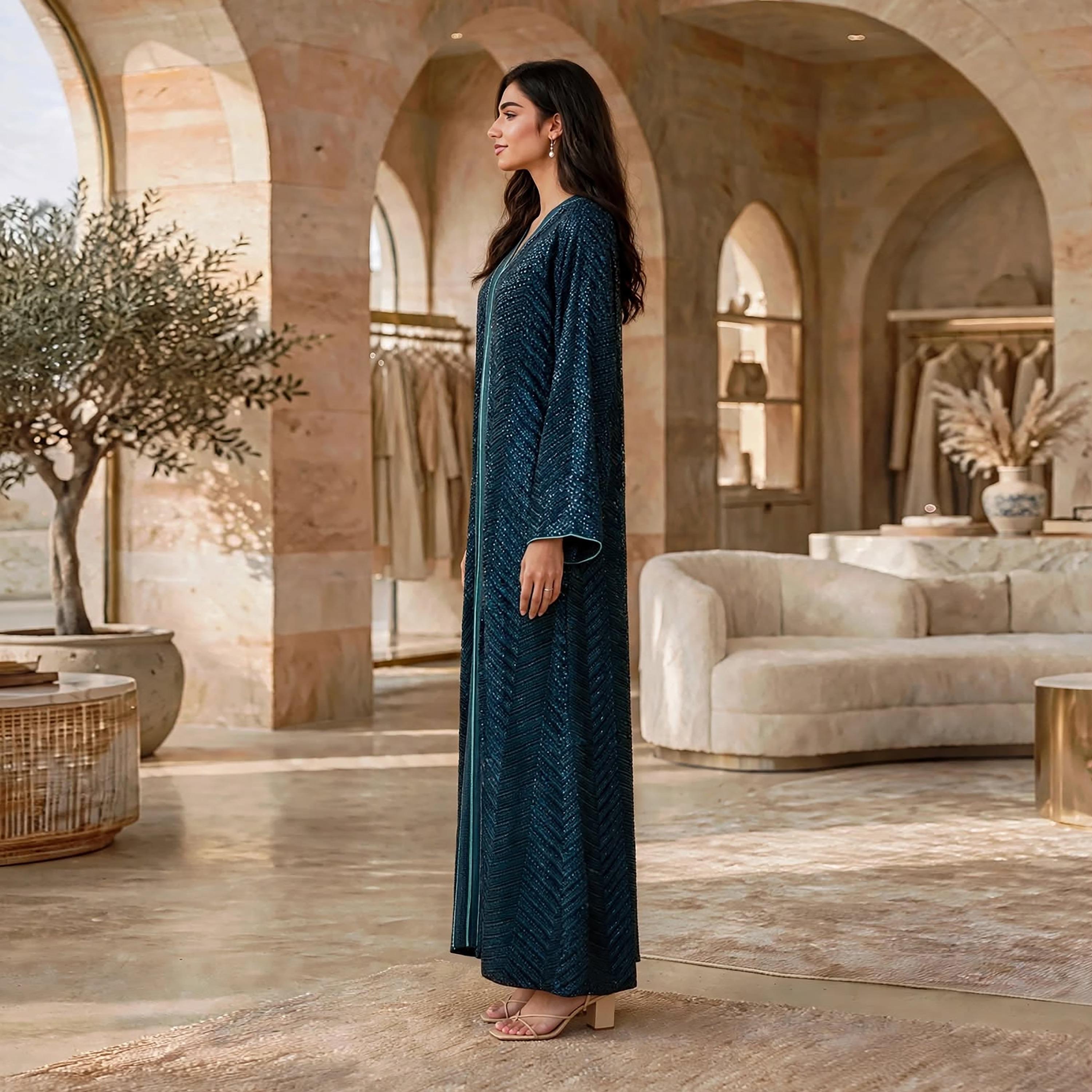 جلابية حريمي بتطريز هندسي وأكمام واسعة تتسع تدريجياً من إيكسا-women-arabicclothing-jalabiyas-image-19