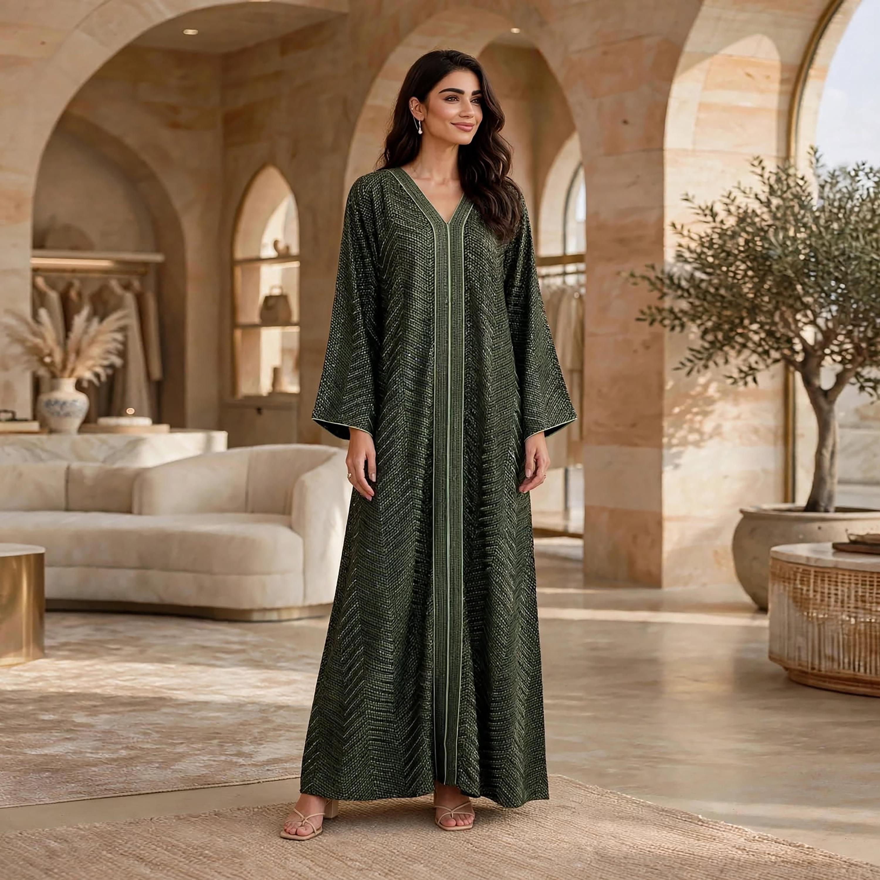 جلابية حريمي بتطريز هندسي وأكمام واسعة تتسع تدريجياً من إيكسا-women-arabicclothing-jalabiyas-image-1