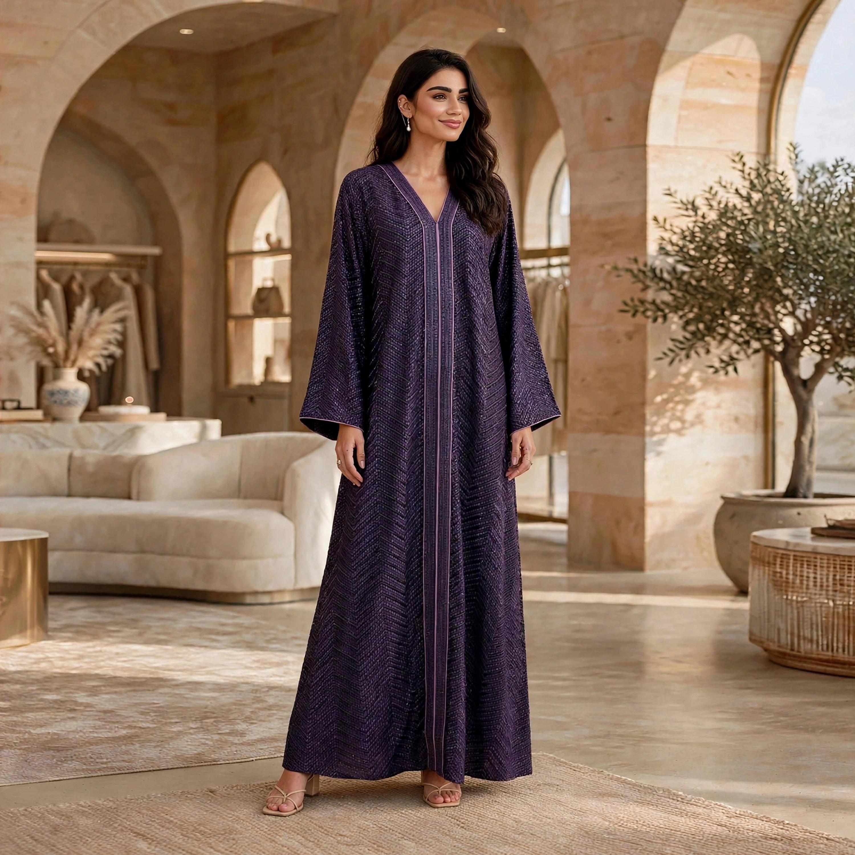 IKKXA Geometric Embroidered Flared Sleeves Women's Jalabiya-women-arabicclothing-jalabiyas-image-1