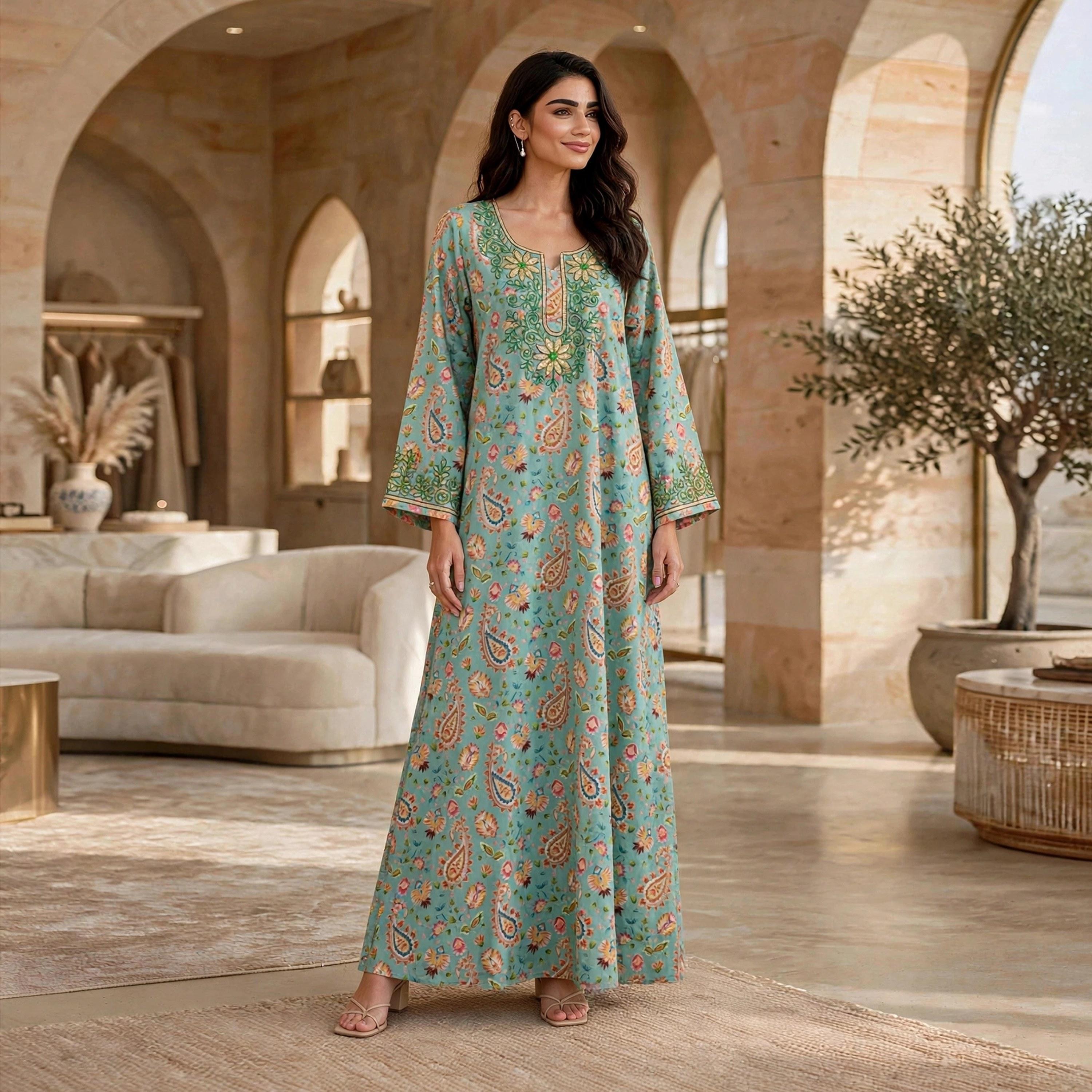 IKKXA Paisley Floral Print Flared Sleeves Women's Jalabiya-women-arabicclothing-jalabiyas-image-1