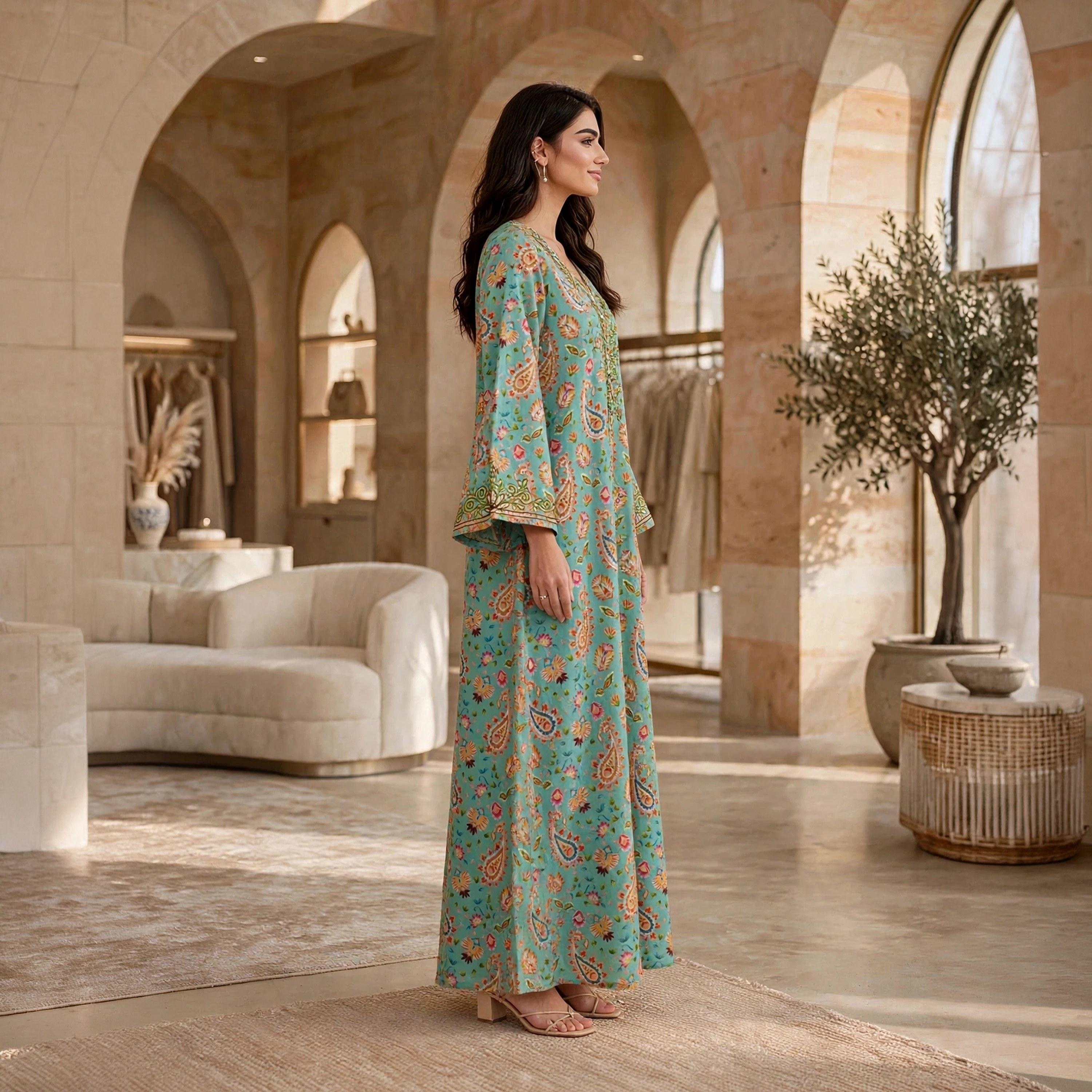 جلابية حريمي بطبعة زهور وبيزلي وأكمام واسعة من إيكسا-women-arabicclothing-jalabiyas-image-8