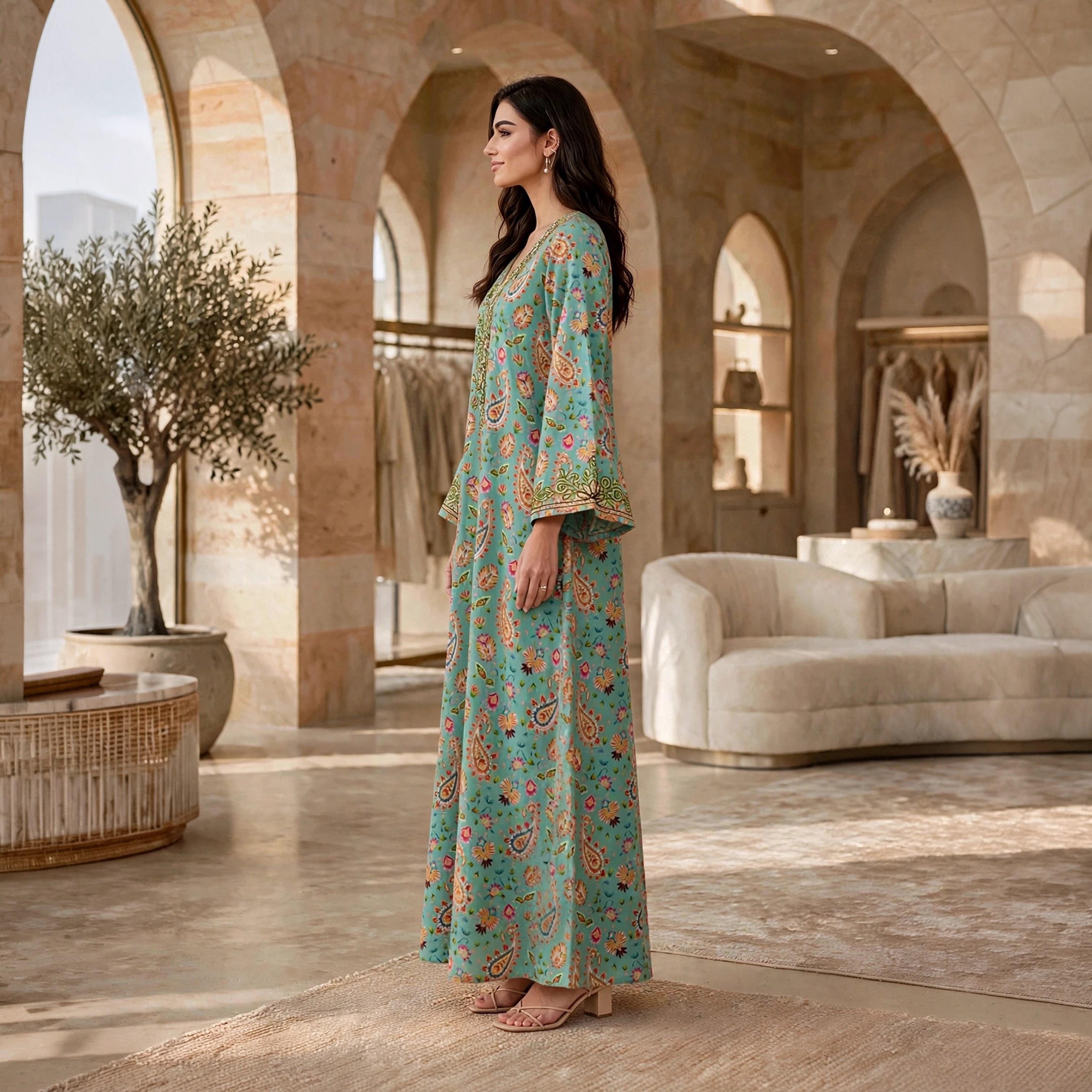 جلابية حريمي بطبعة زهور وبيزلي وأكمام واسعة من إيكسا-women-arabicclothing-jalabiyas-image-9