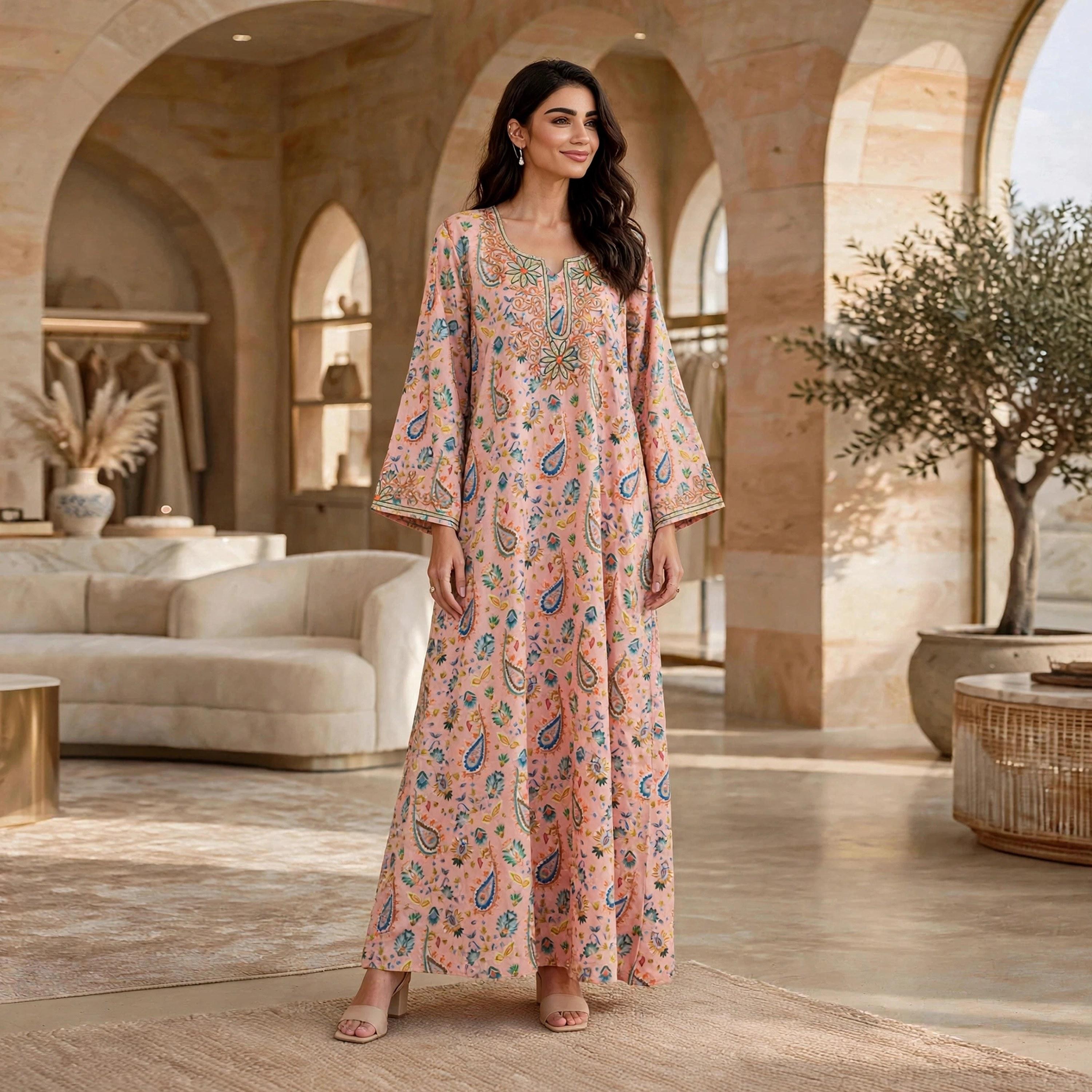 IKKXA Paisley Floral Print Flared Sleeves Women's Jalabiya-women-arabicclothing-jalabiyas-image-1