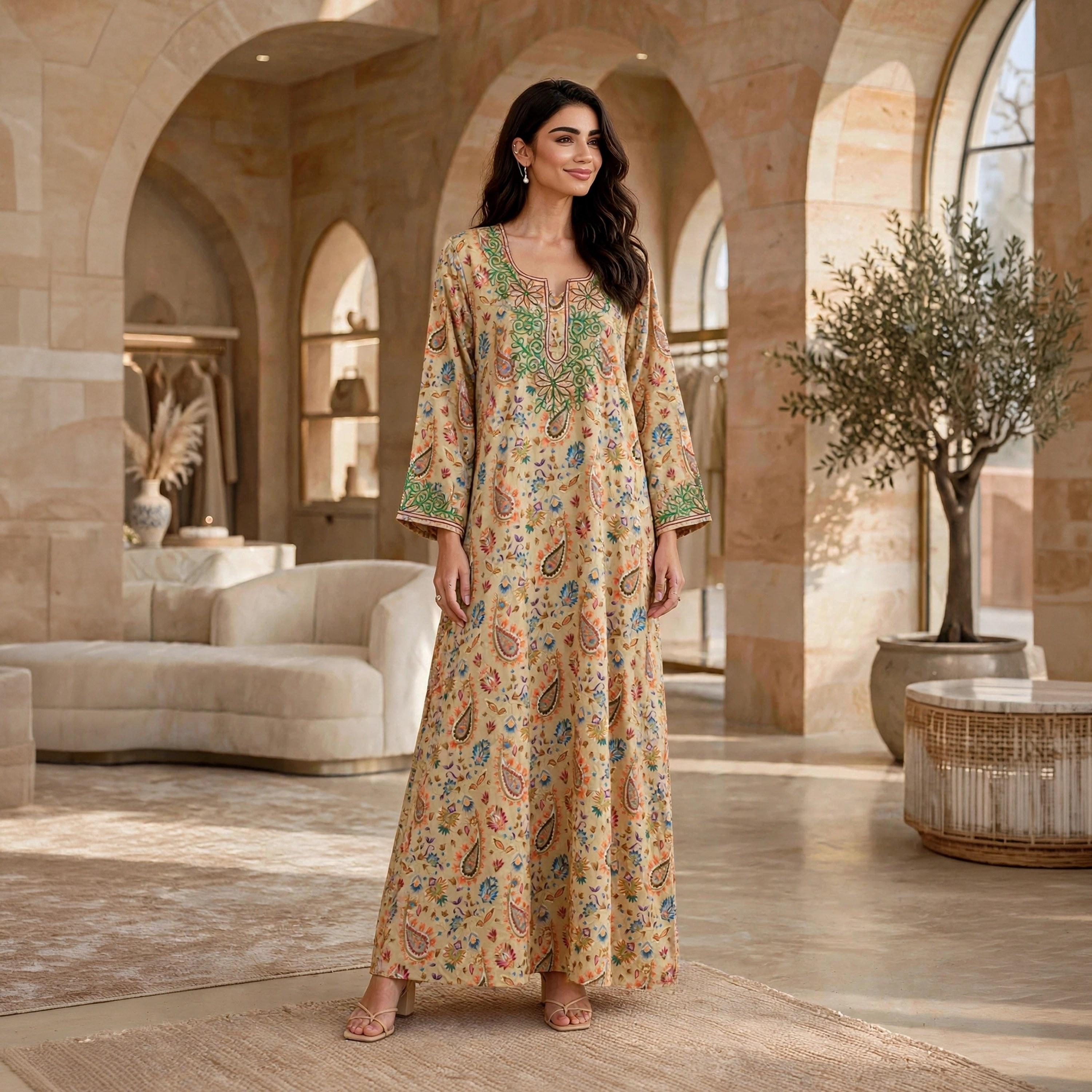 جلابية حريمي بطبعة زهور وبيزلي وأكمام واسعة من إيكسا-women-arabicclothing-jalabiyas-image-11