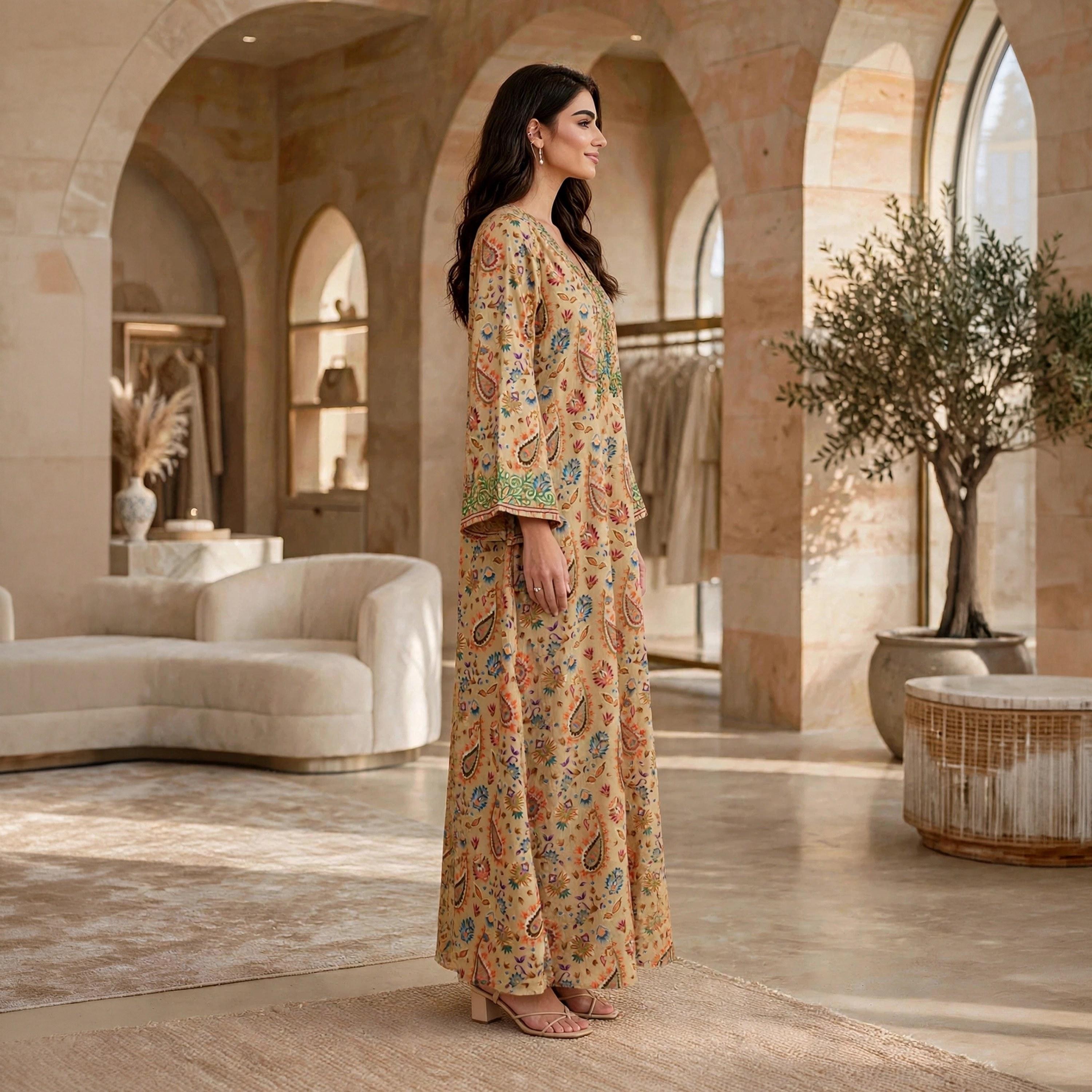 IKKXA Paisley Floral Print Flared Sleeves Women's Jalabiya-women-arabicclothing-jalabiyas-image-3