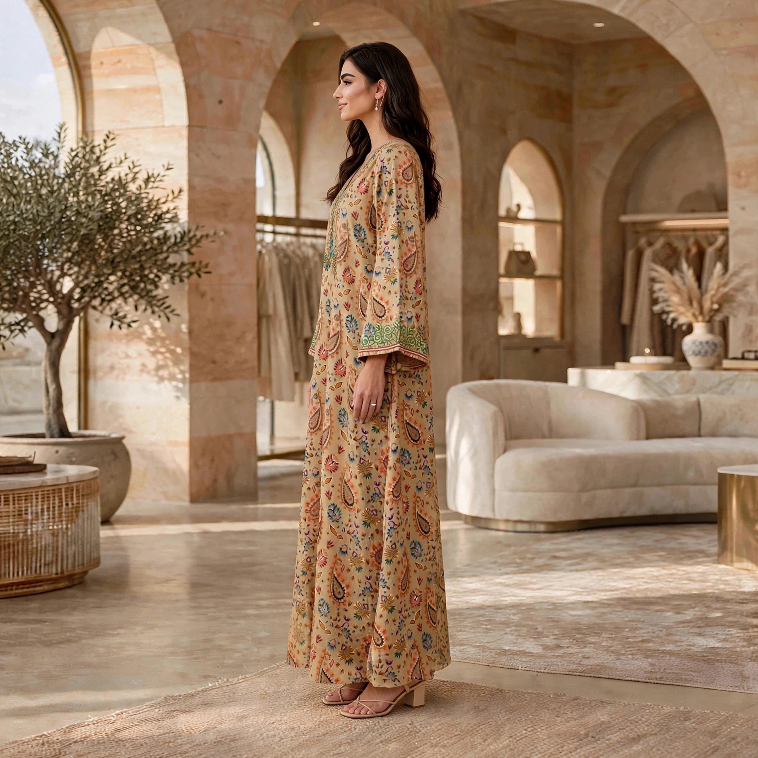 IKKXA Paisley Floral Print Flared Sleeves Women's Jalabiya-women-arabicclothing-jalabiyas-image-4