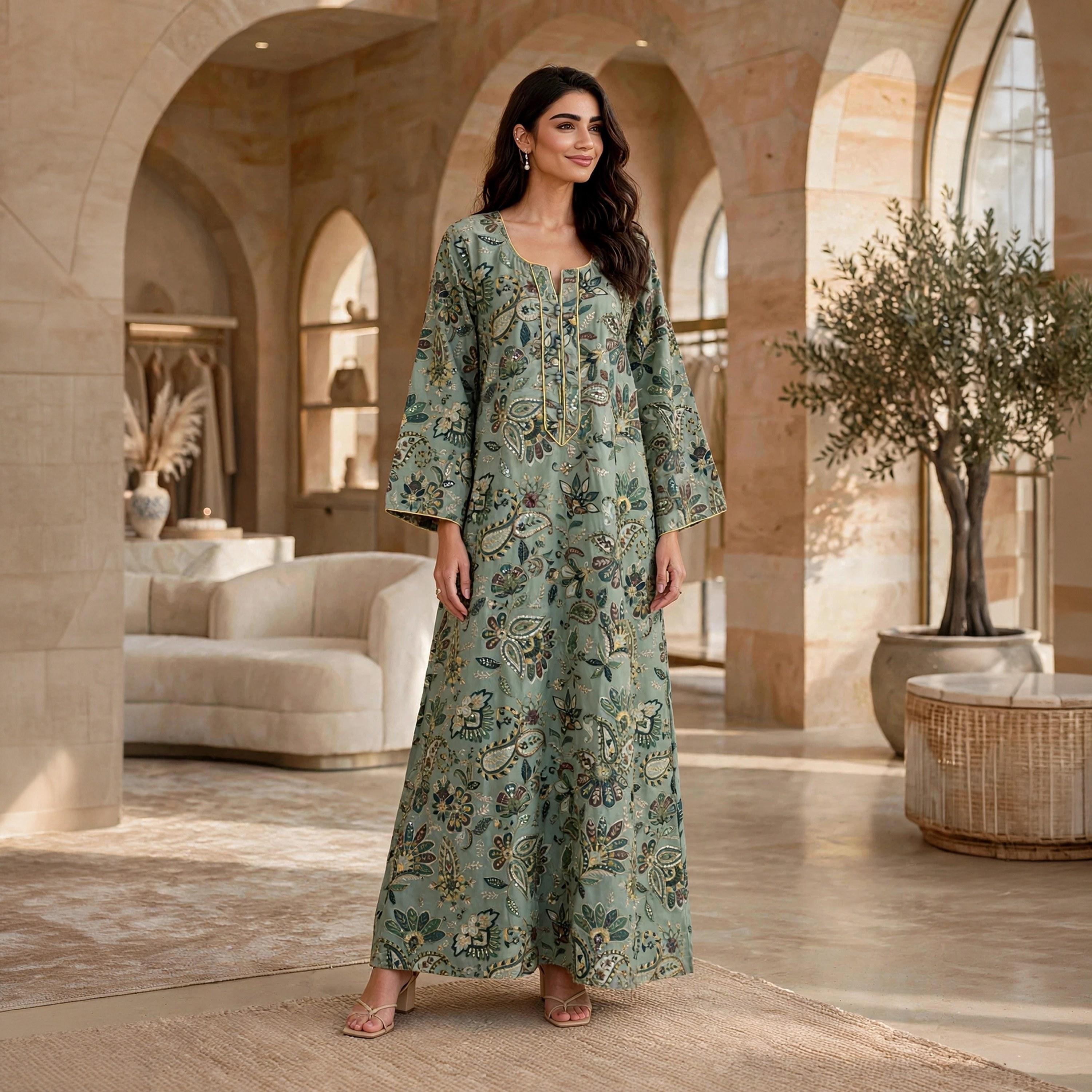 IKKXA Floral Embellished Flared Sleeves Women's Jalabiya-women-arabicclothing-jalabiyas-image-1