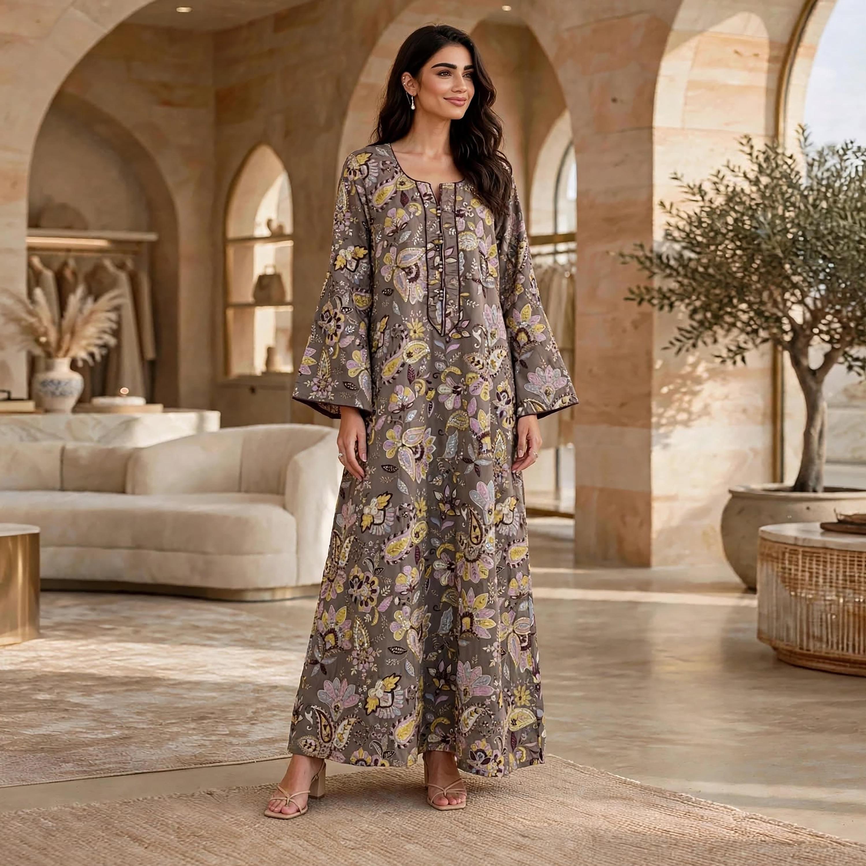 جلابية حريمي بتصميم زهور مزخرفة وأكمام واسعة تتسع تدريجياً من إككسا-women-arabicclothing-jalabiyas-image-6