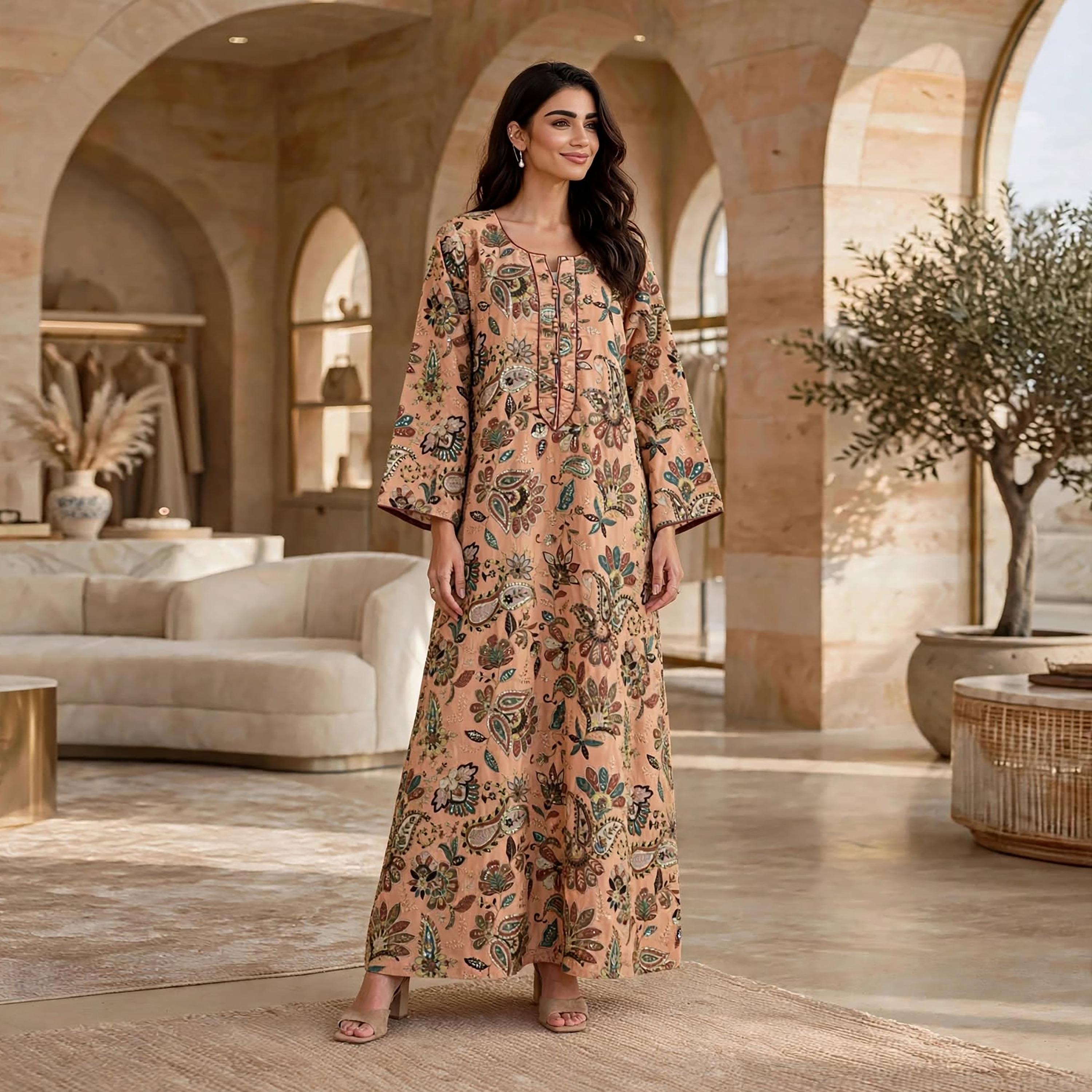 IKKXA Floral Embellished Flared Sleeves Women's Jalabiya-women-arabicclothing-jalabiyas-image-1
