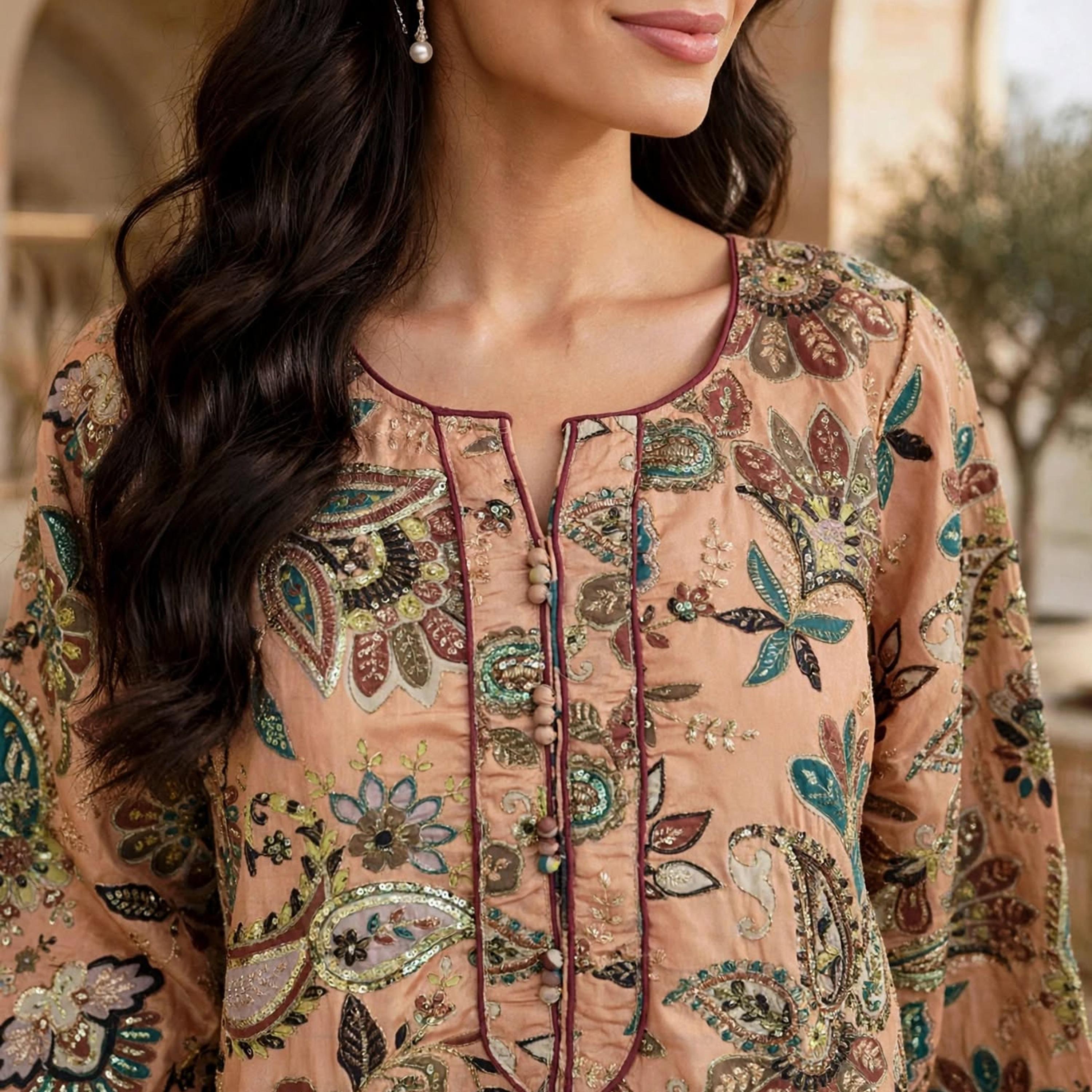 جلابية حريمي بتصميم زهور مزخرفة وأكمام واسعة تتسع تدريجياً من إككسا-women-arabicclothing-jalabiyas-image-2