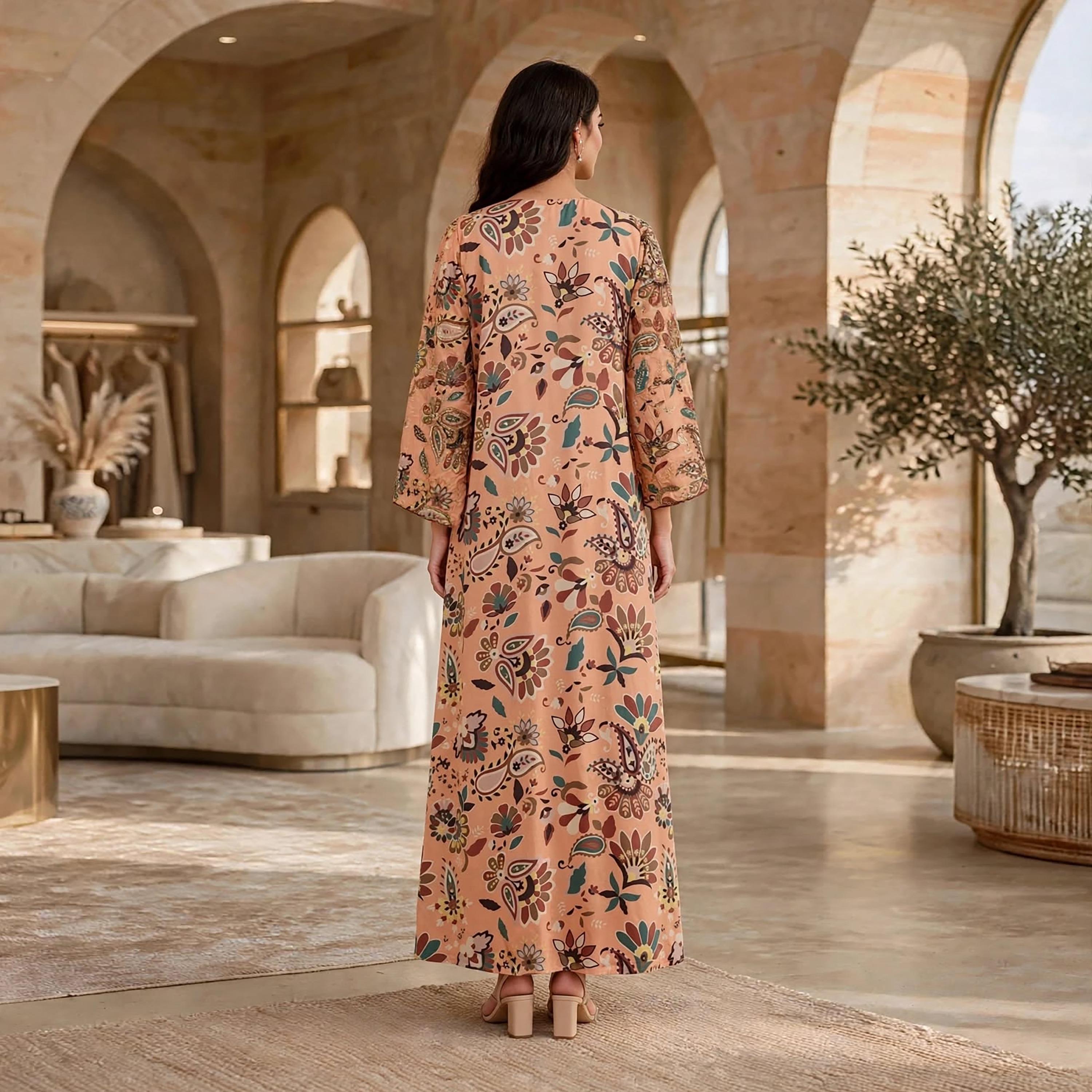 جلابية حريمي بتصميم زهور مزخرفة وأكمام واسعة تتسع تدريجياً من إككسا-women-arabicclothing-jalabiyas-image-5
