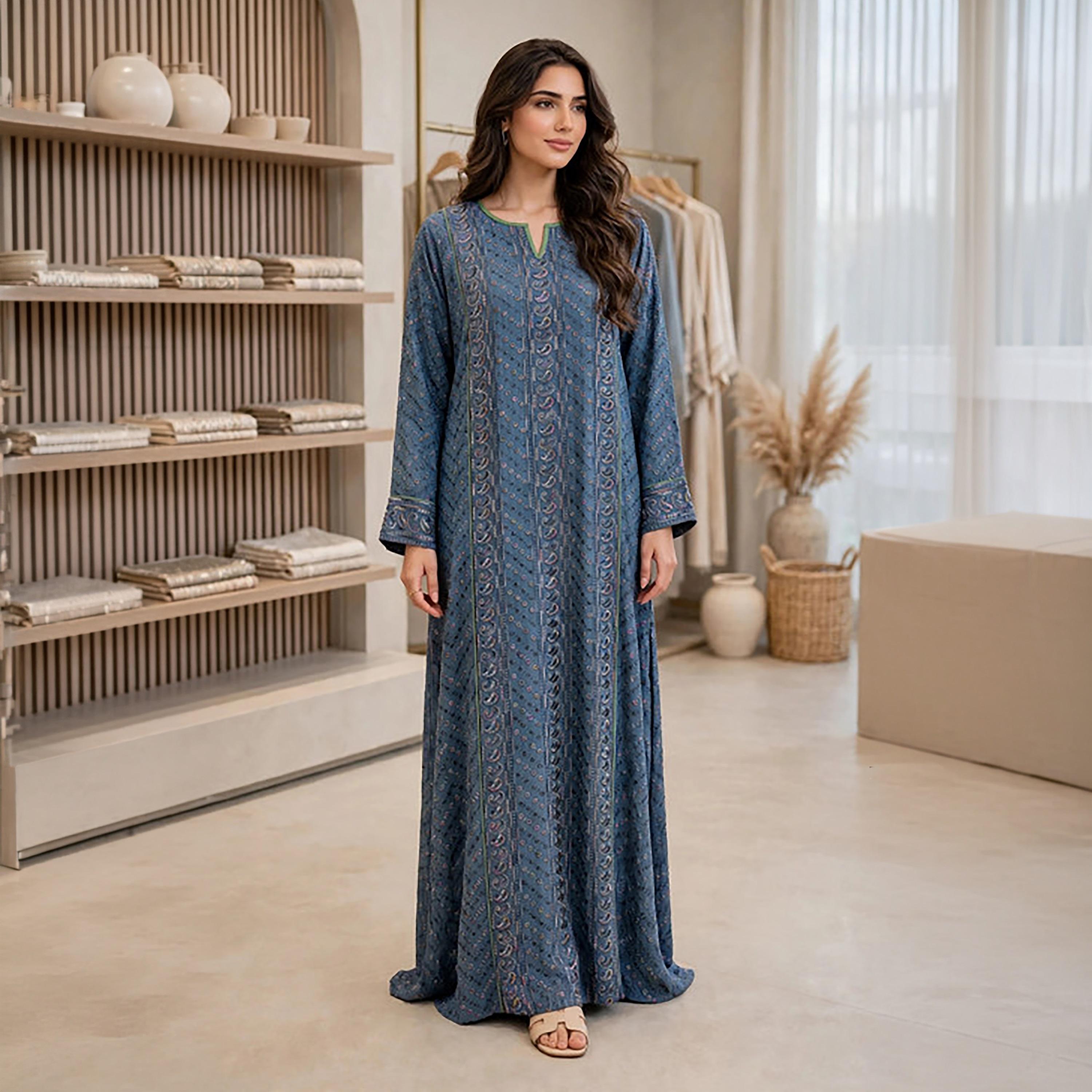 جلابية حريمي بتطريز هندسي وبيزلي من إككسا-women-arabicclothing-jalabiyas-image-1