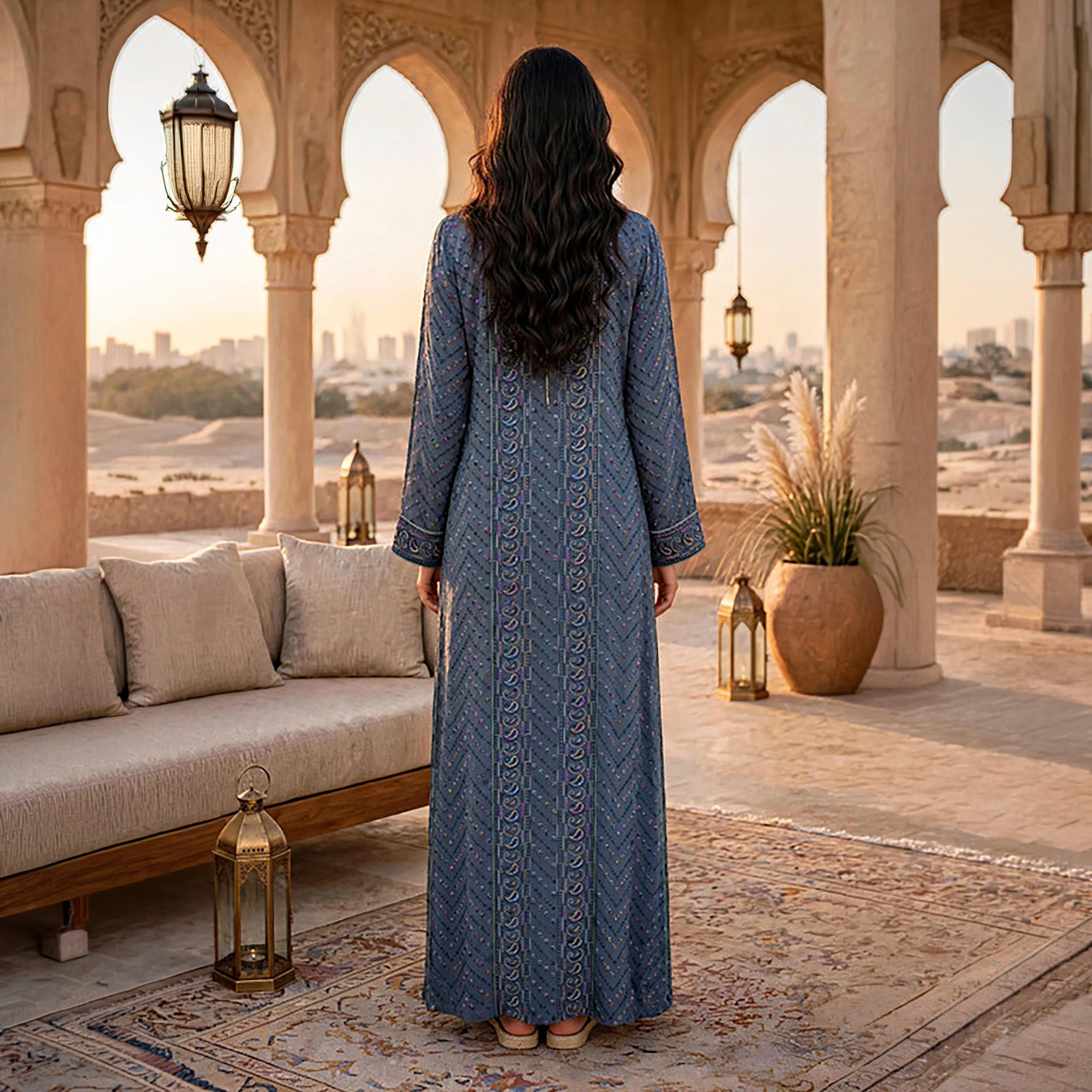 جلابية حريمي بتطريز هندسي وبيزلي من إككسا-women-arabicclothing-jalabiyas-image-5