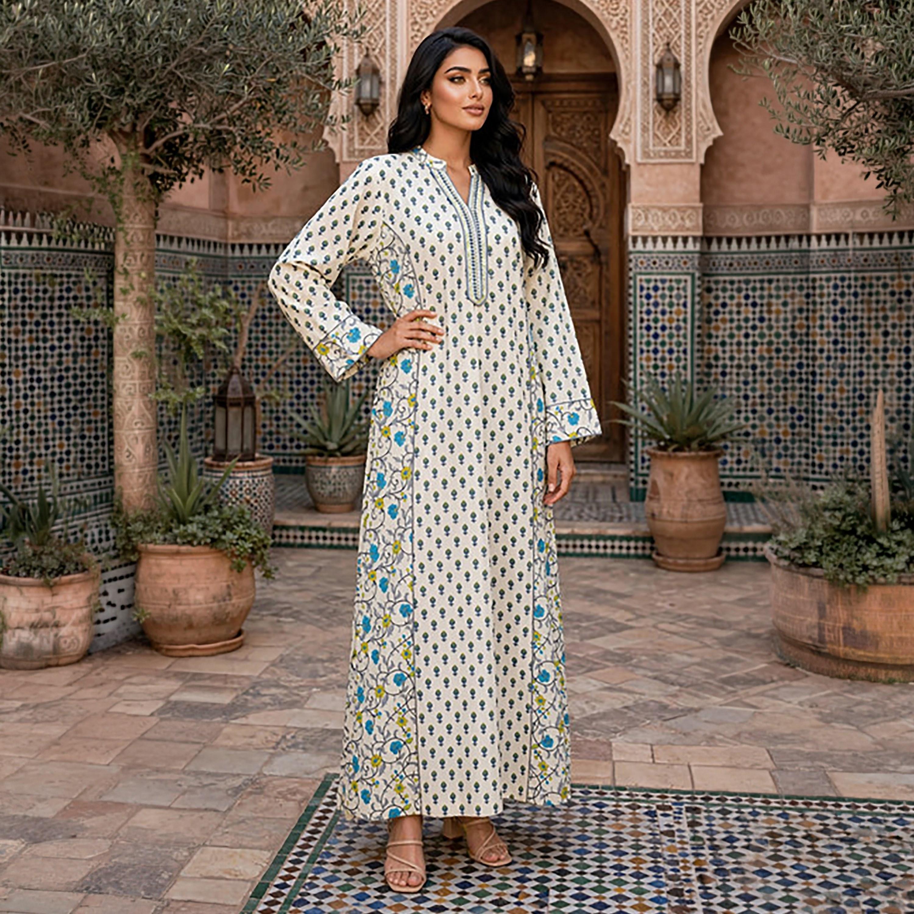 IKKXA Floral Print Mandarin Collar Women's Belted Jalabiya-women-arabicclothing-jalabiyas-image-1