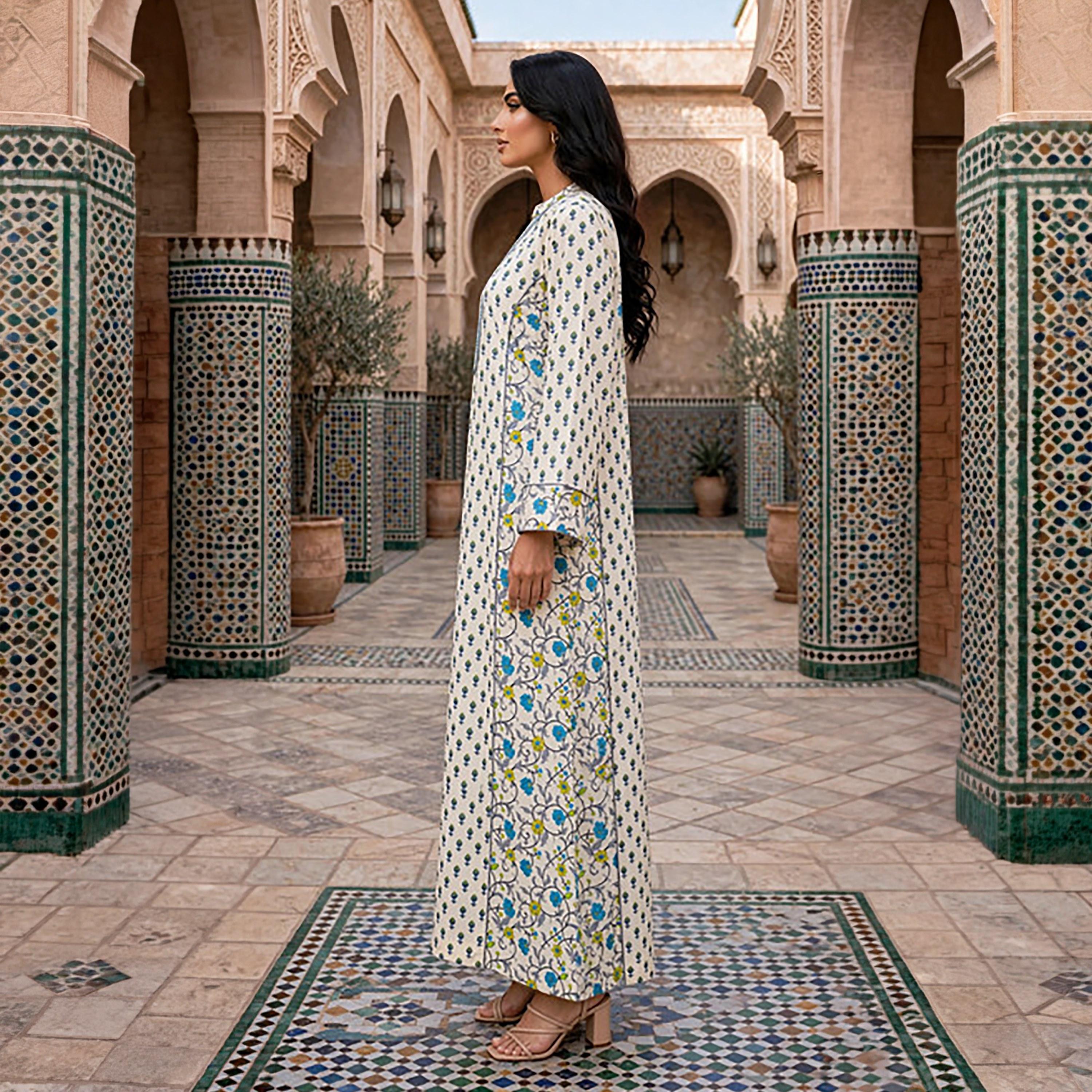 IKKXA Floral Print Mandarin Collar Women's Belted Jalabiya-women-arabicclothing-jalabiyas-image-3