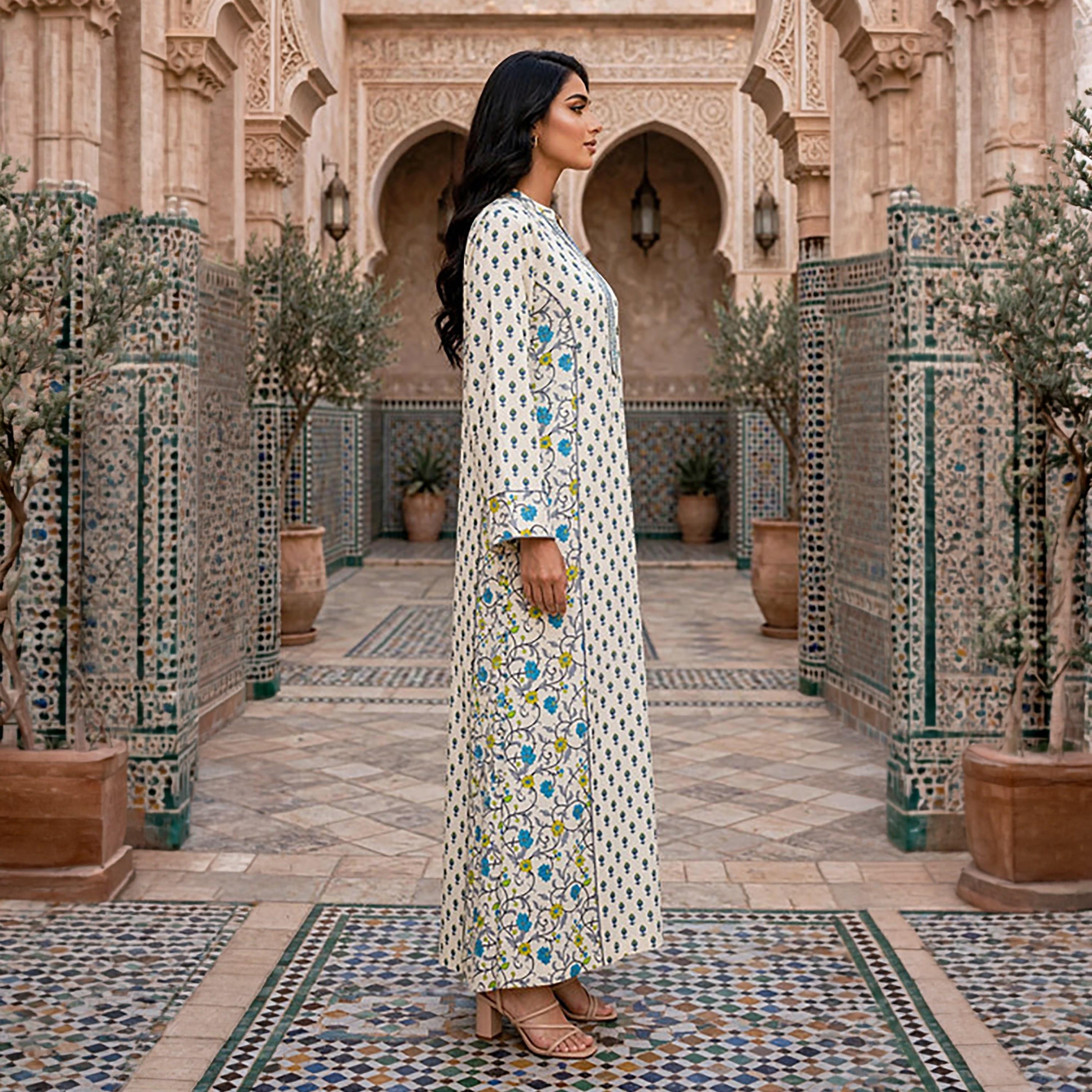 IKKXA Floral Print Mandarin Collar Women's Belted Jalabiya-women-arabicclothing-jalabiyas-image-9