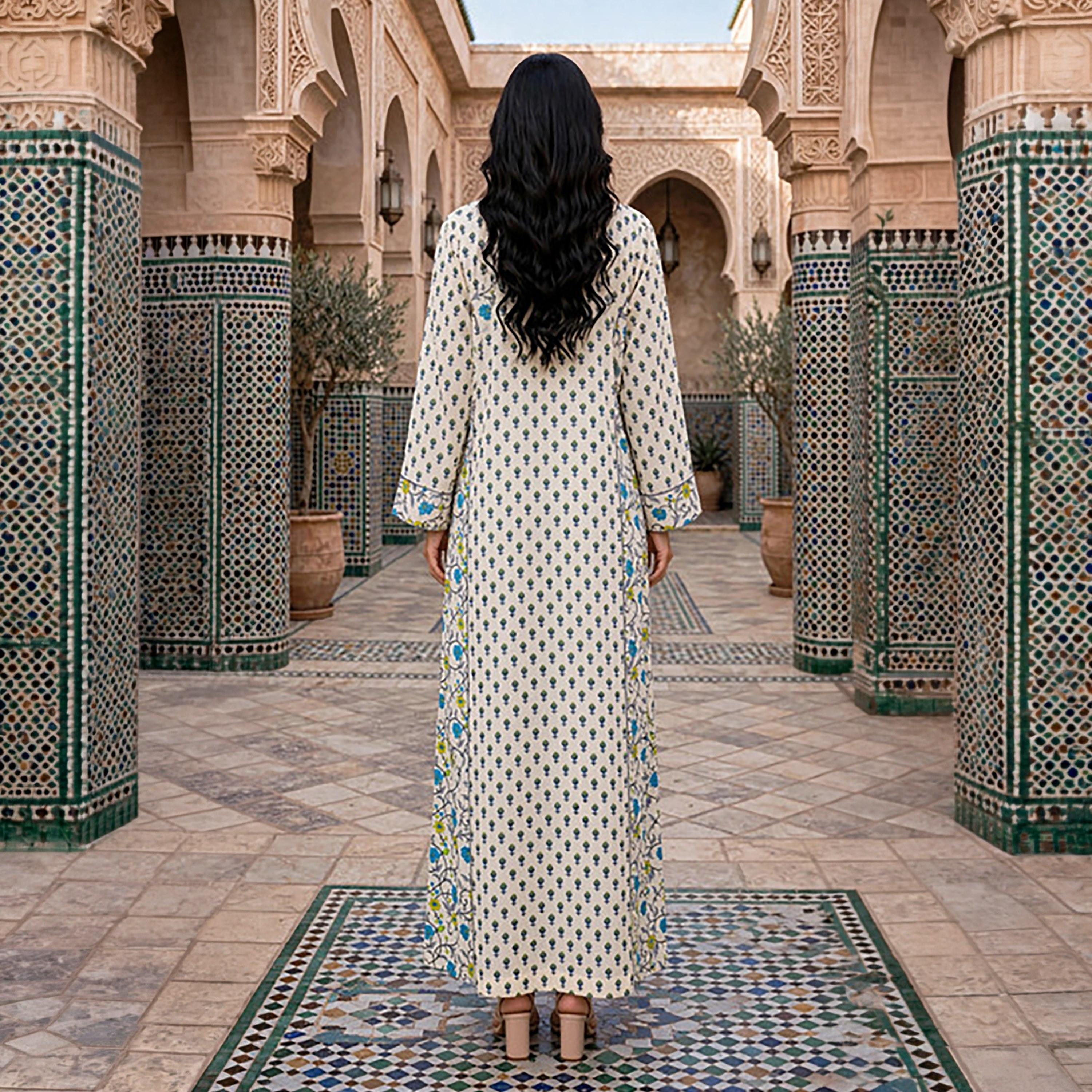 IKKXA Floral Print Mandarin Collar Women's Belted Jalabiya-women-arabicclothing-jalabiyas-image-5