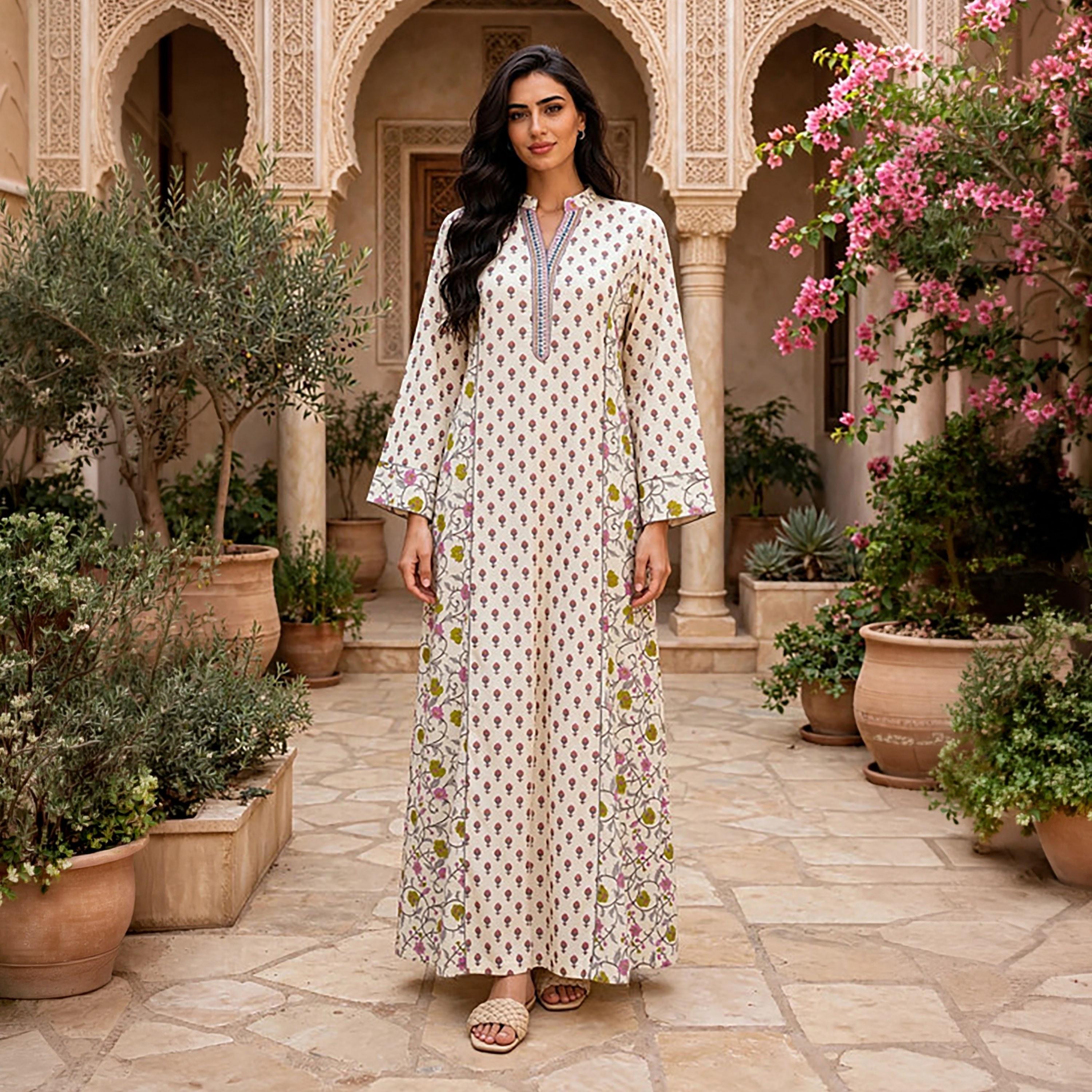 IKKXA Floral Print Mandarin Collar Women's Belted Jalabiya-women-arabicclothing-jalabiyas-image-1
