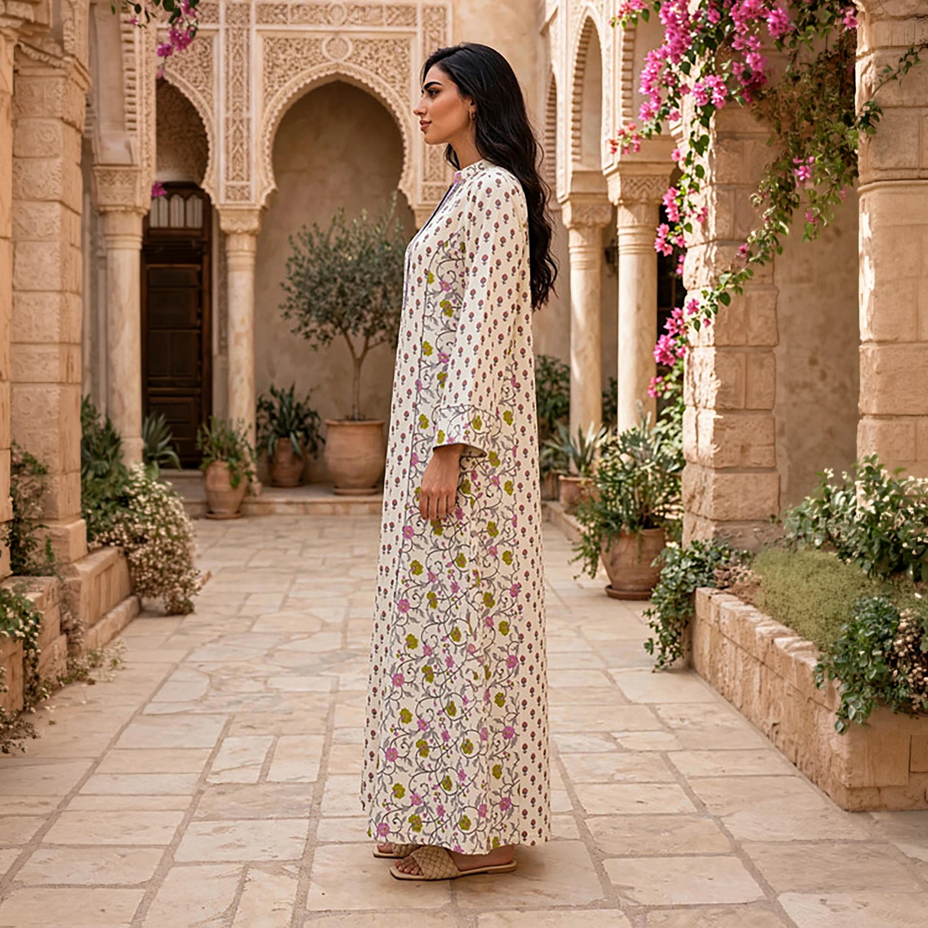 IKKXA Floral Print Mandarin Collar Women's Belted Jalabiya-women-arabicclothing-jalabiyas-image-3