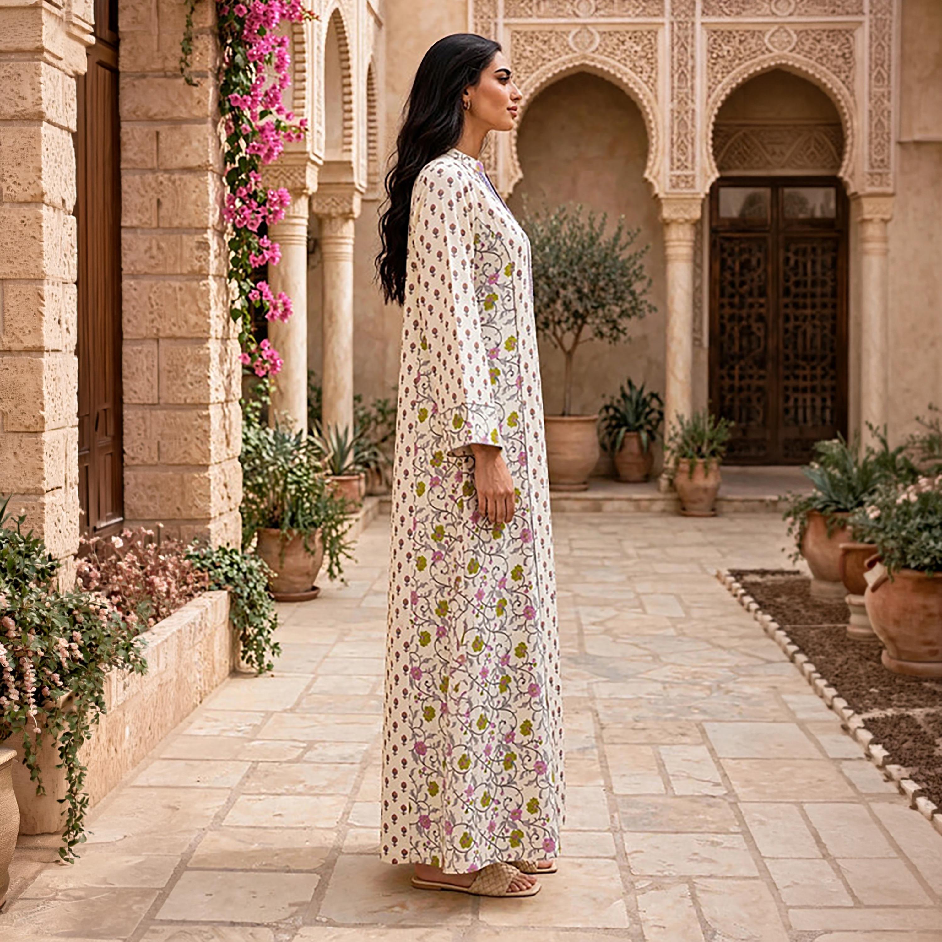 IKKXA Floral Print Mandarin Collar Women's Belted Jalabiya-women-arabicclothing-jalabiyas-image-4
