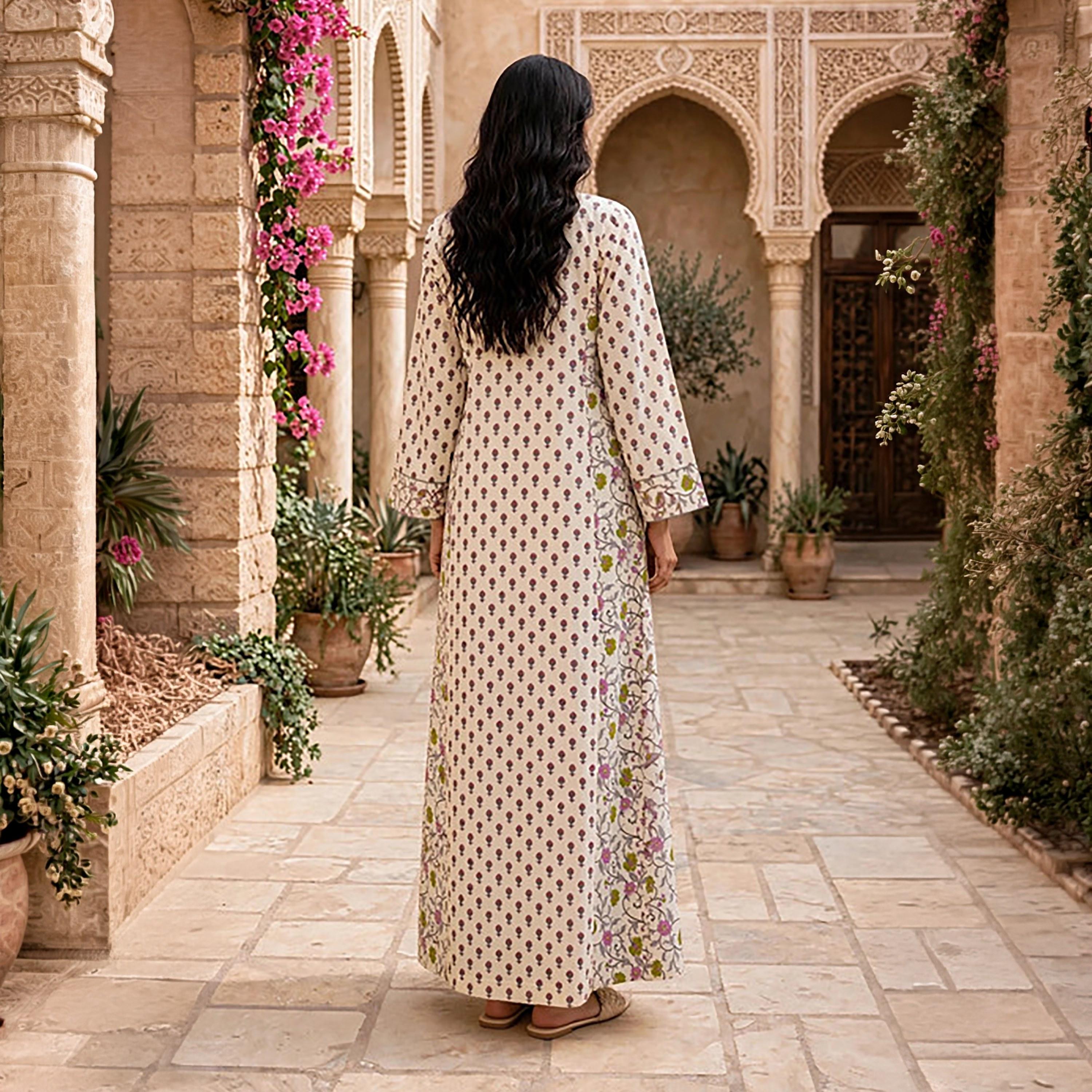 IKKXA Floral Print Mandarin Collar Women's Belted Jalabiya-women-arabicclothing-jalabiyas-image-5