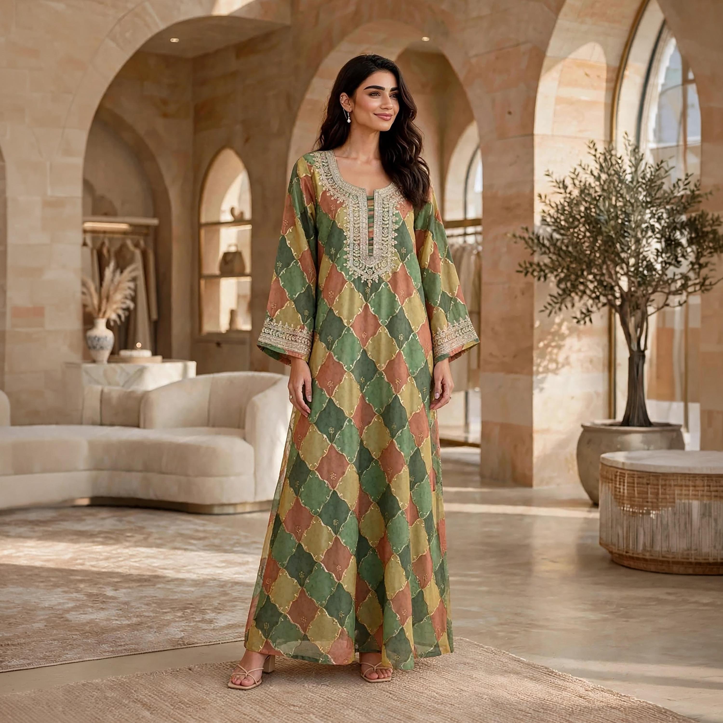 جلابية حريمي بطبعة هندسية وأكمام واسعة من إيكسا-women-arabicclothing-jalabiyas-image-1