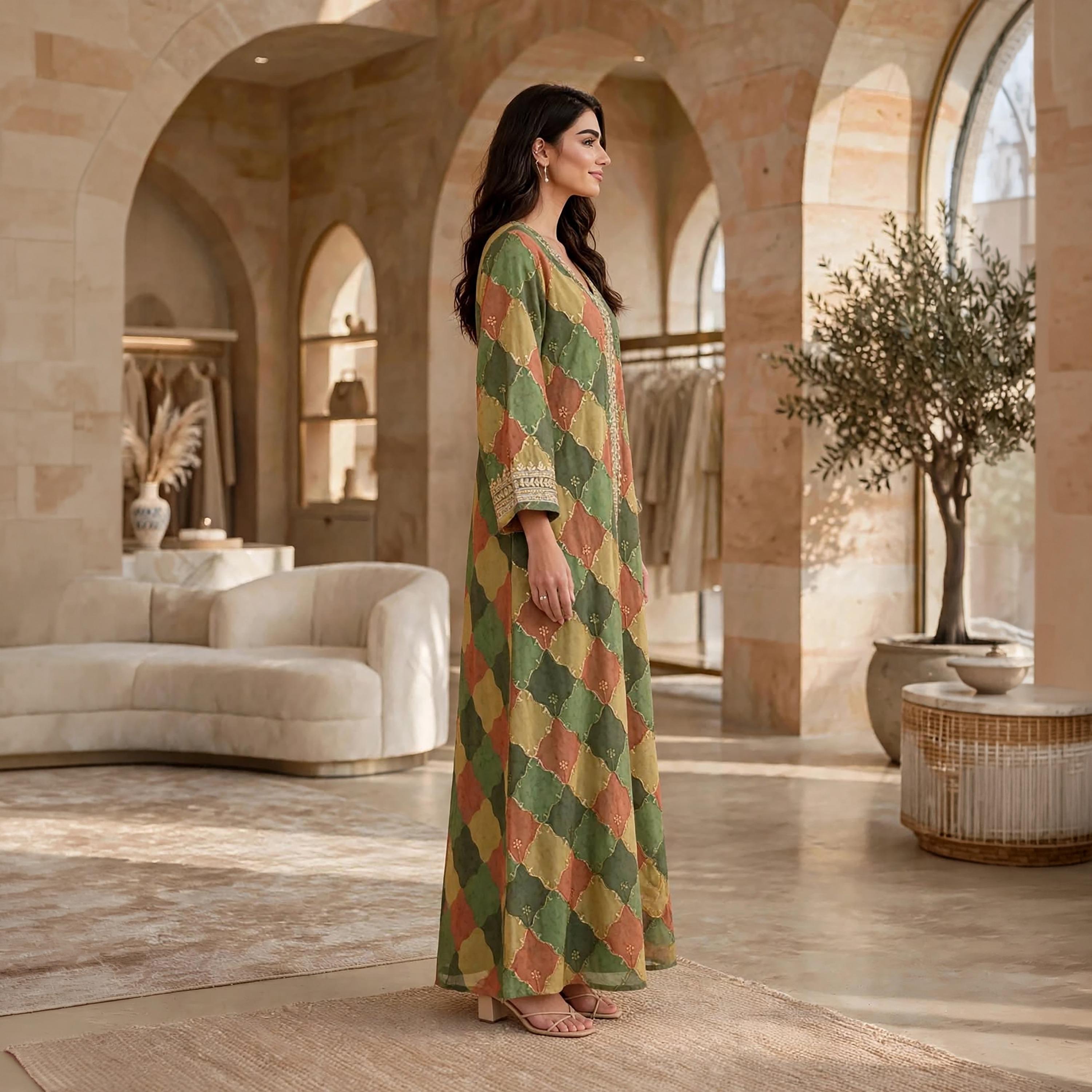 جلابية حريمي بطبعة هندسية وأكمام واسعة من إيكسا-women-arabicclothing-jalabiyas-image-3