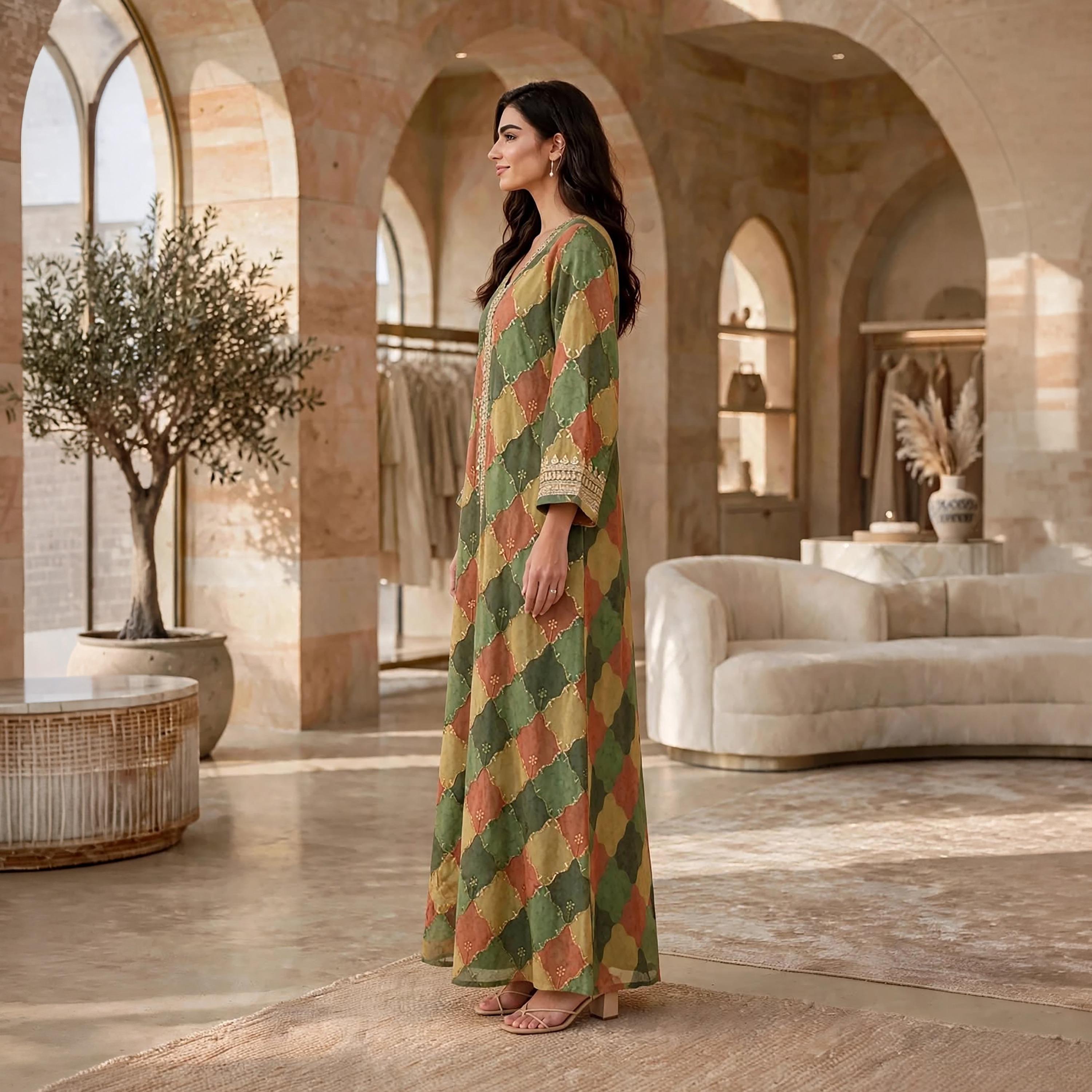جلابية حريمي بطبعة هندسية وأكمام واسعة من إيكسا-women-arabicclothing-jalabiyas-image-4