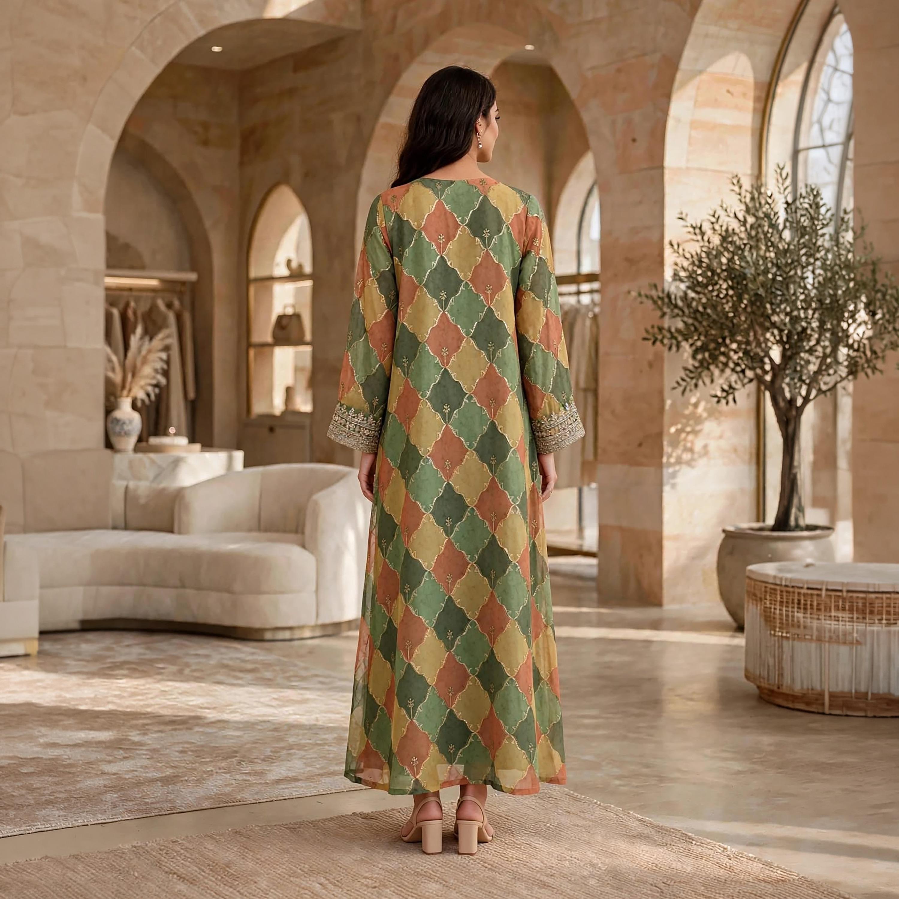 جلابية حريمي بطبعة هندسية وأكمام واسعة من إيكسا-women-arabicclothing-jalabiyas-image-5