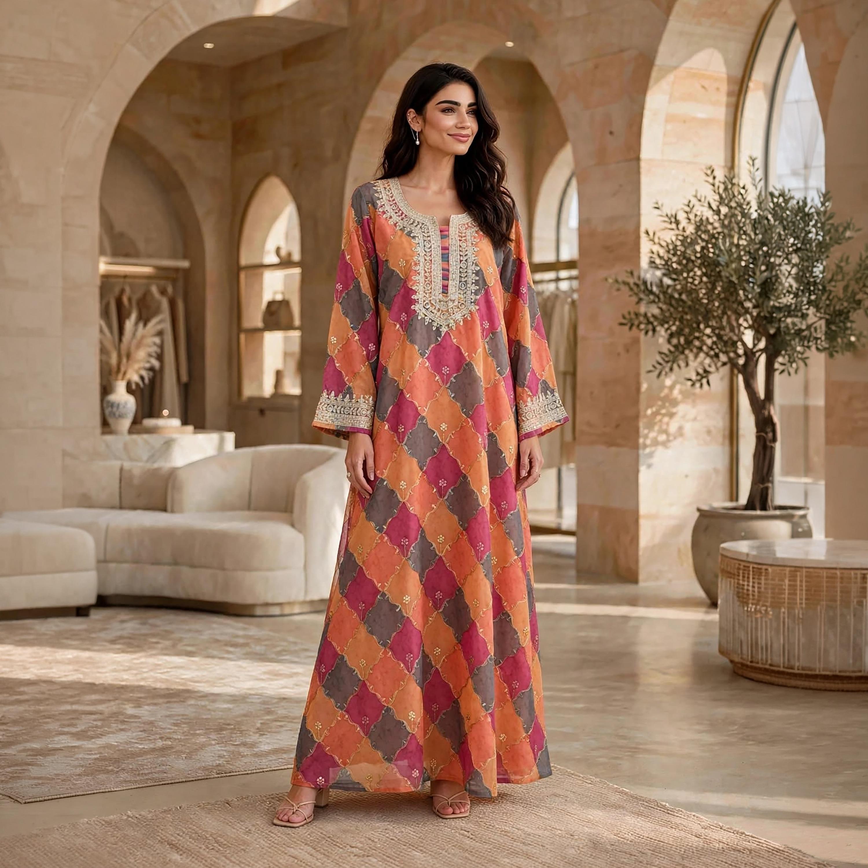جلابية حريمي بطبعة هندسية وأكمام واسعة من إيكسا-women-arabicclothing-jalabiyas-image-6