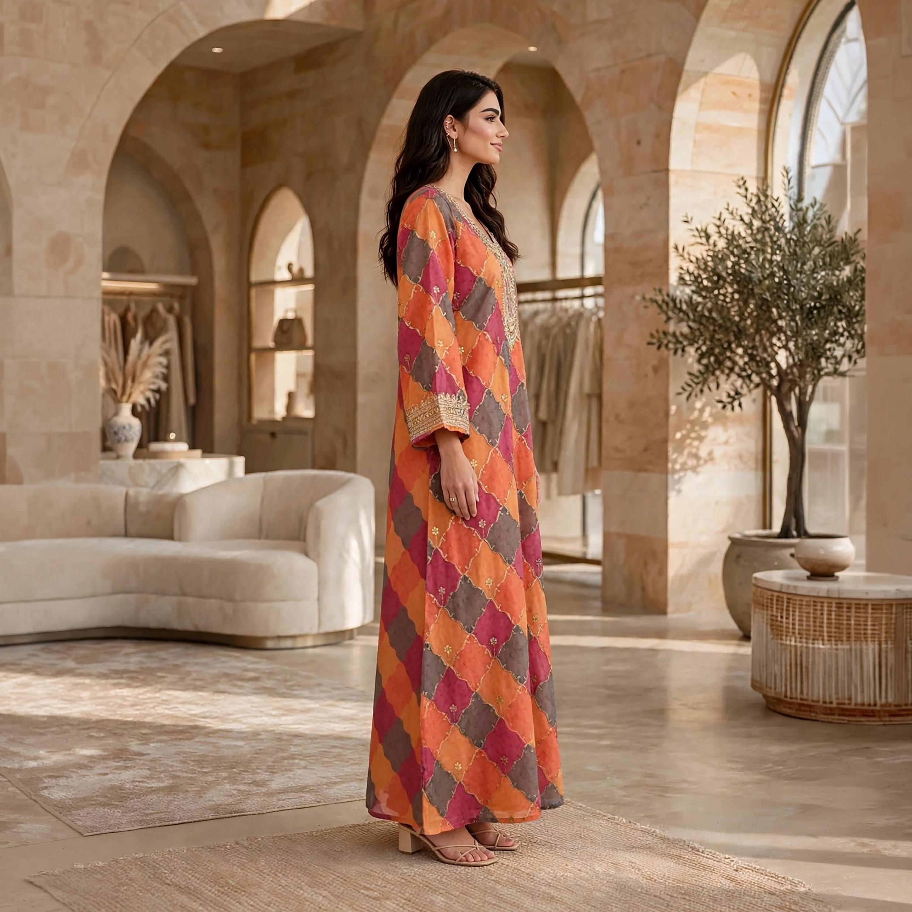 جلابية حريمي بطبعة هندسية وأكمام واسعة من إيكسا-women-arabicclothing-jalabiyas-image-3