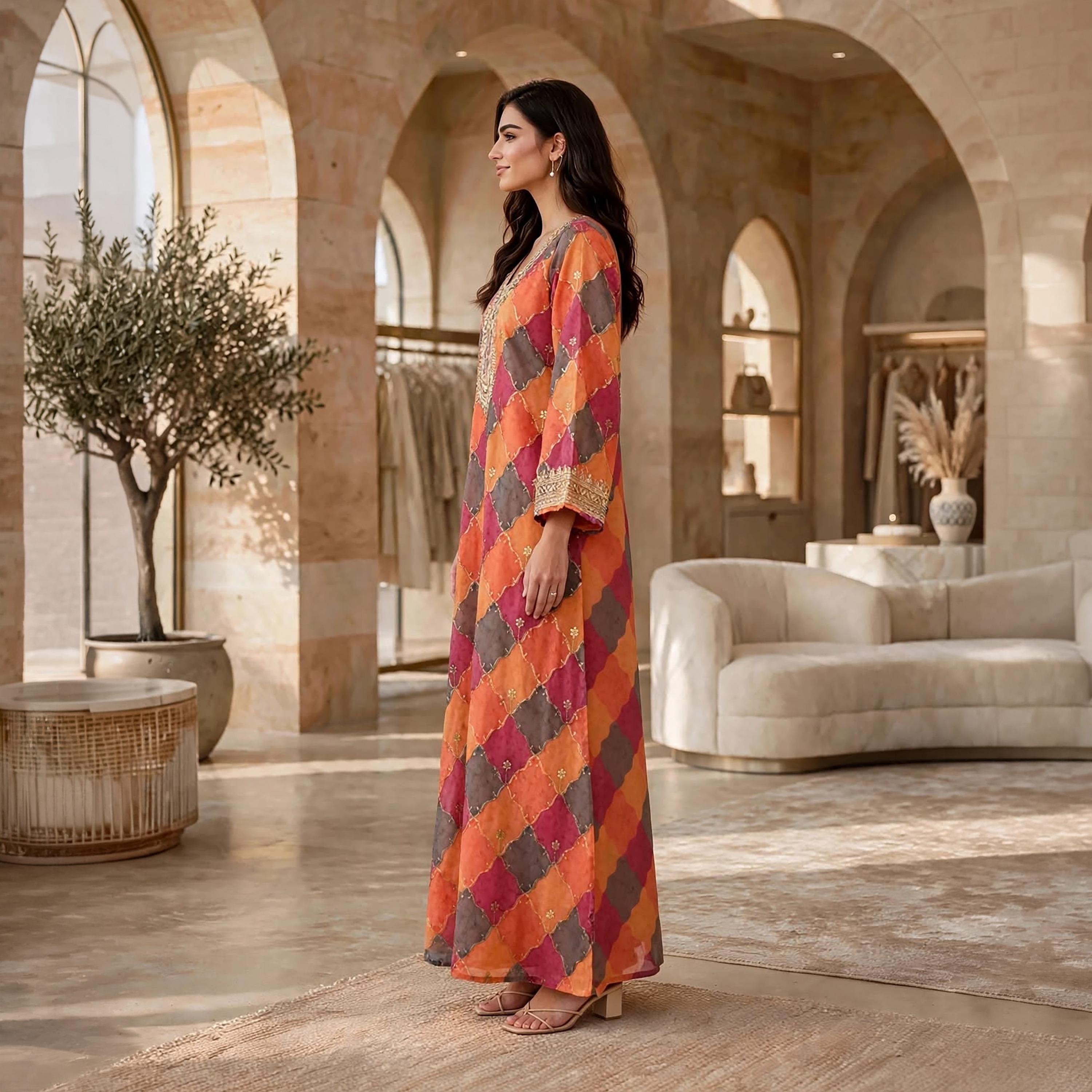 جلابية حريمي بطبعة هندسية وأكمام واسعة من إيكسا-women-arabicclothing-jalabiyas-image-9