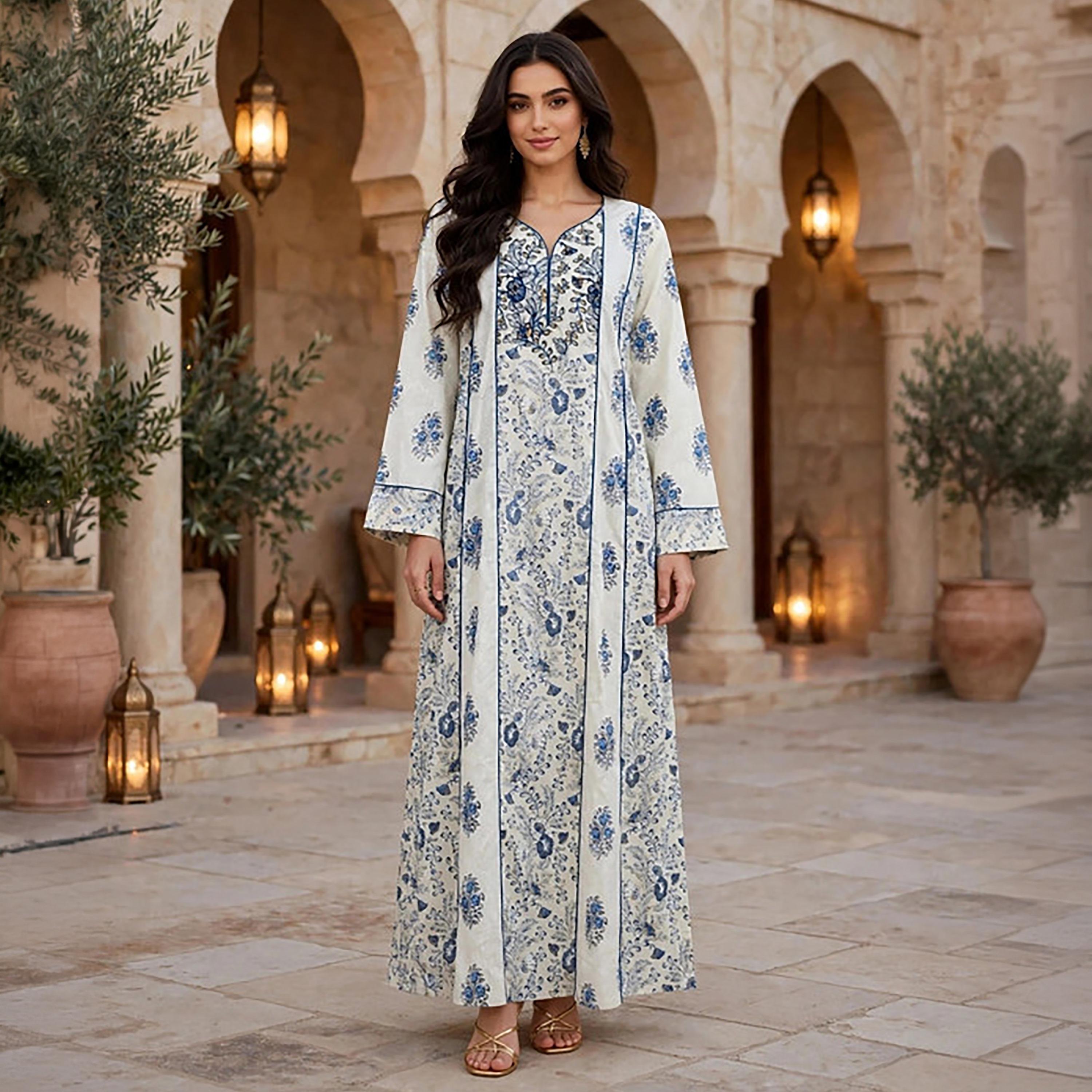 IKKXA Floral Print Embroidered Yoke Women's Jalabiya-women-arabicclothing-jalabiyas-image-1