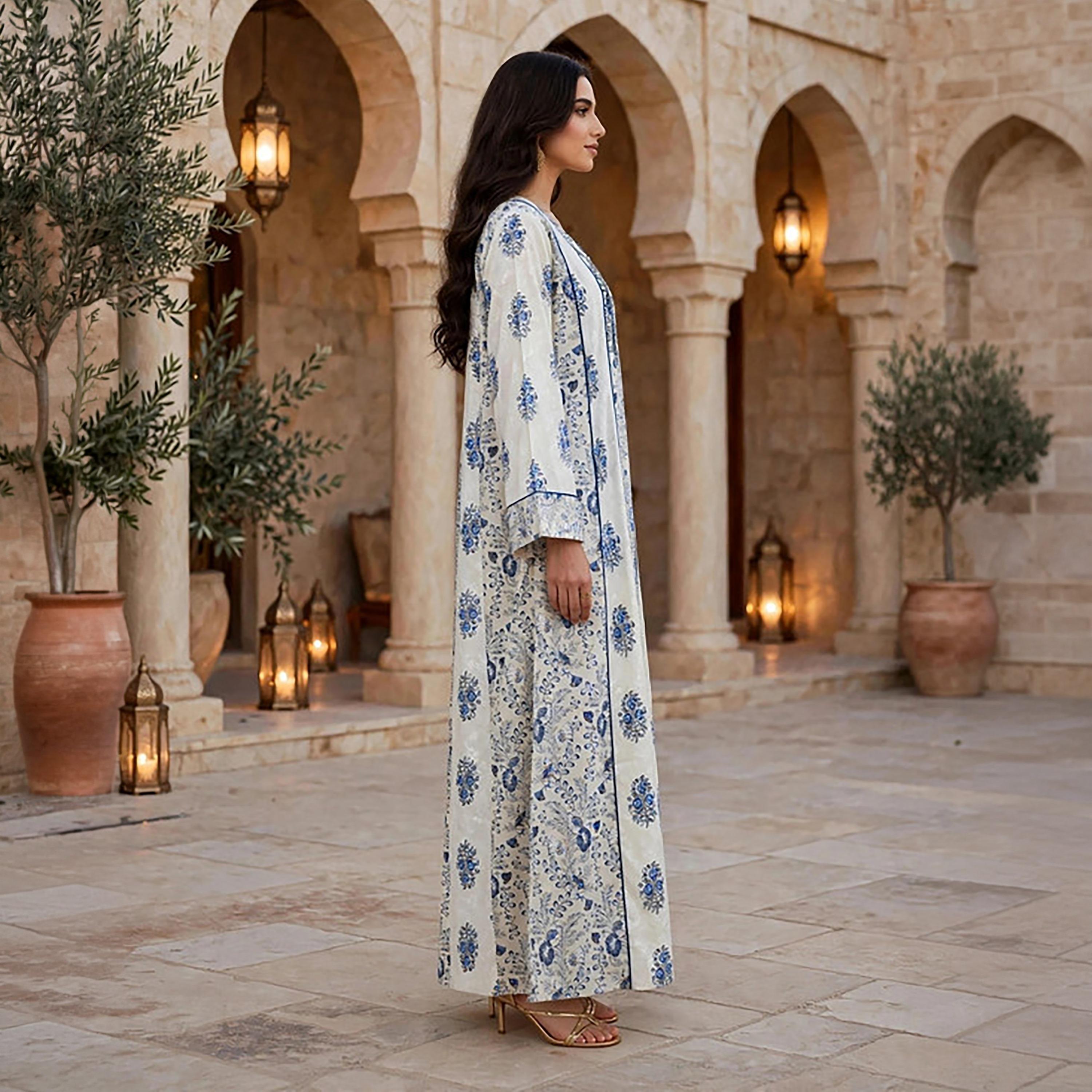 IKKXA Floral Print Embroidered Yoke Women's Jalabiya-women-arabicclothing-jalabiyas-image-4