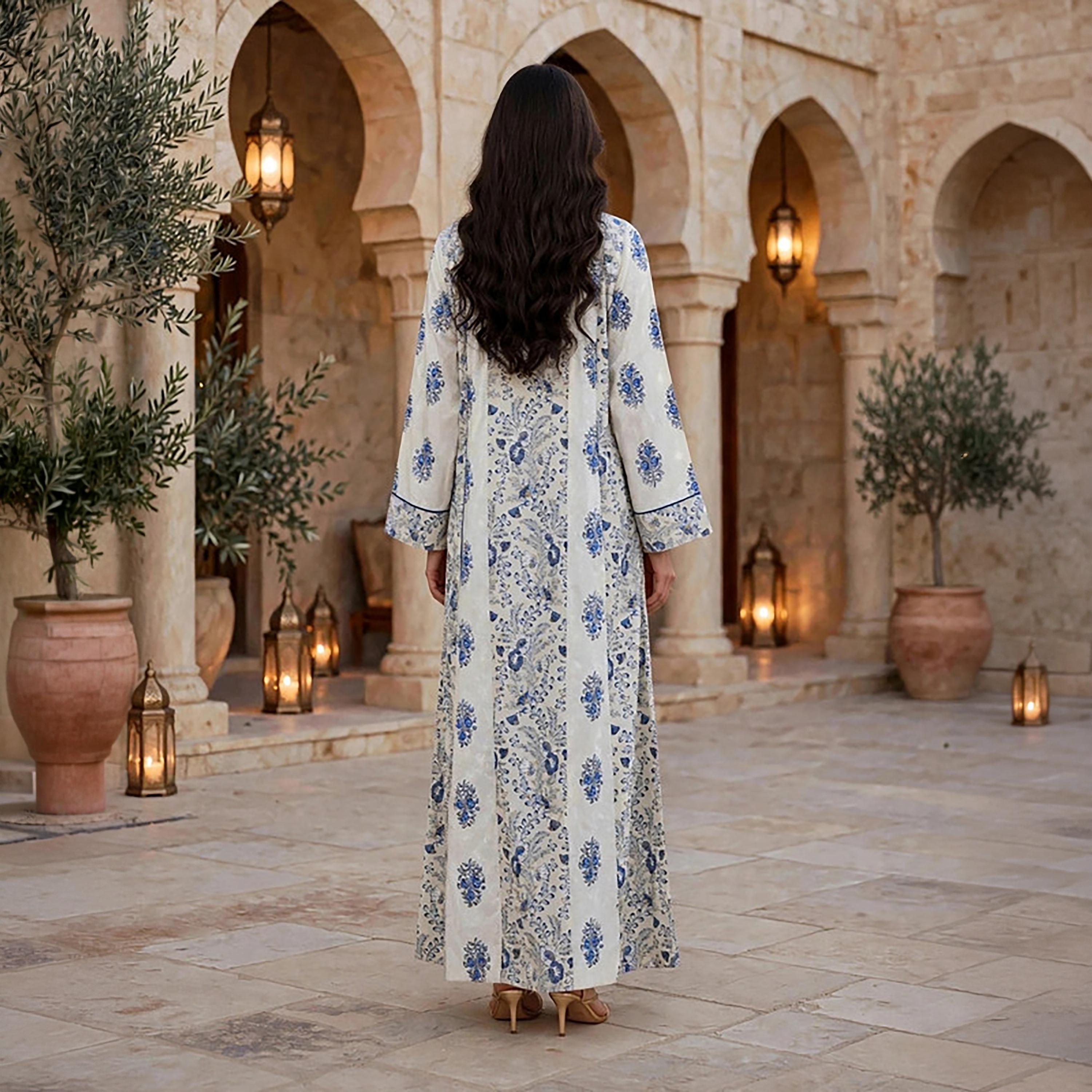 IKKXA Floral Print Embroidered Yoke Women's Jalabiya-women-arabicclothing-jalabiyas-image-5