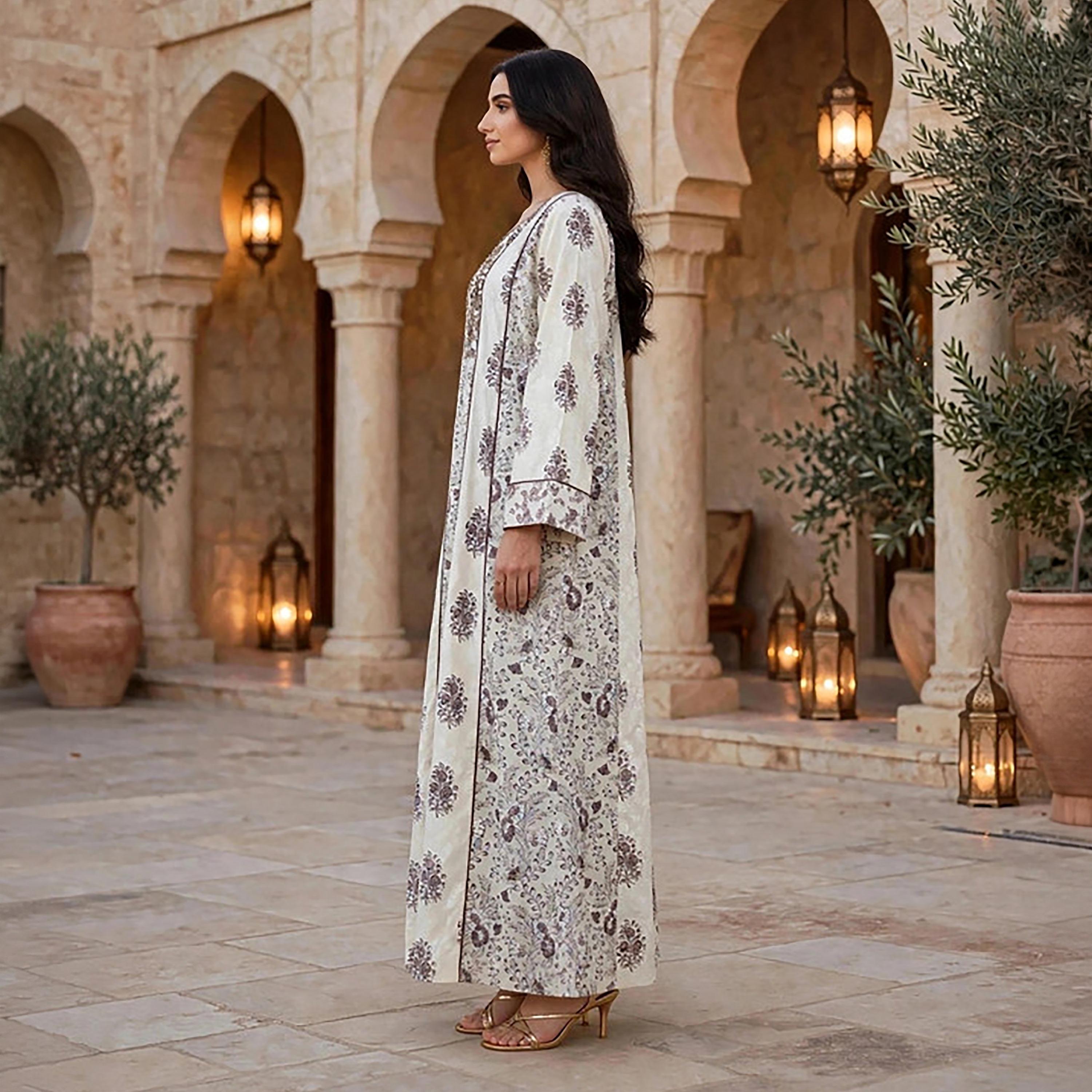 IKKXA Floral Print Embroidered Yoke Women's Jalabiya-women-arabicclothing-jalabiyas-image-8