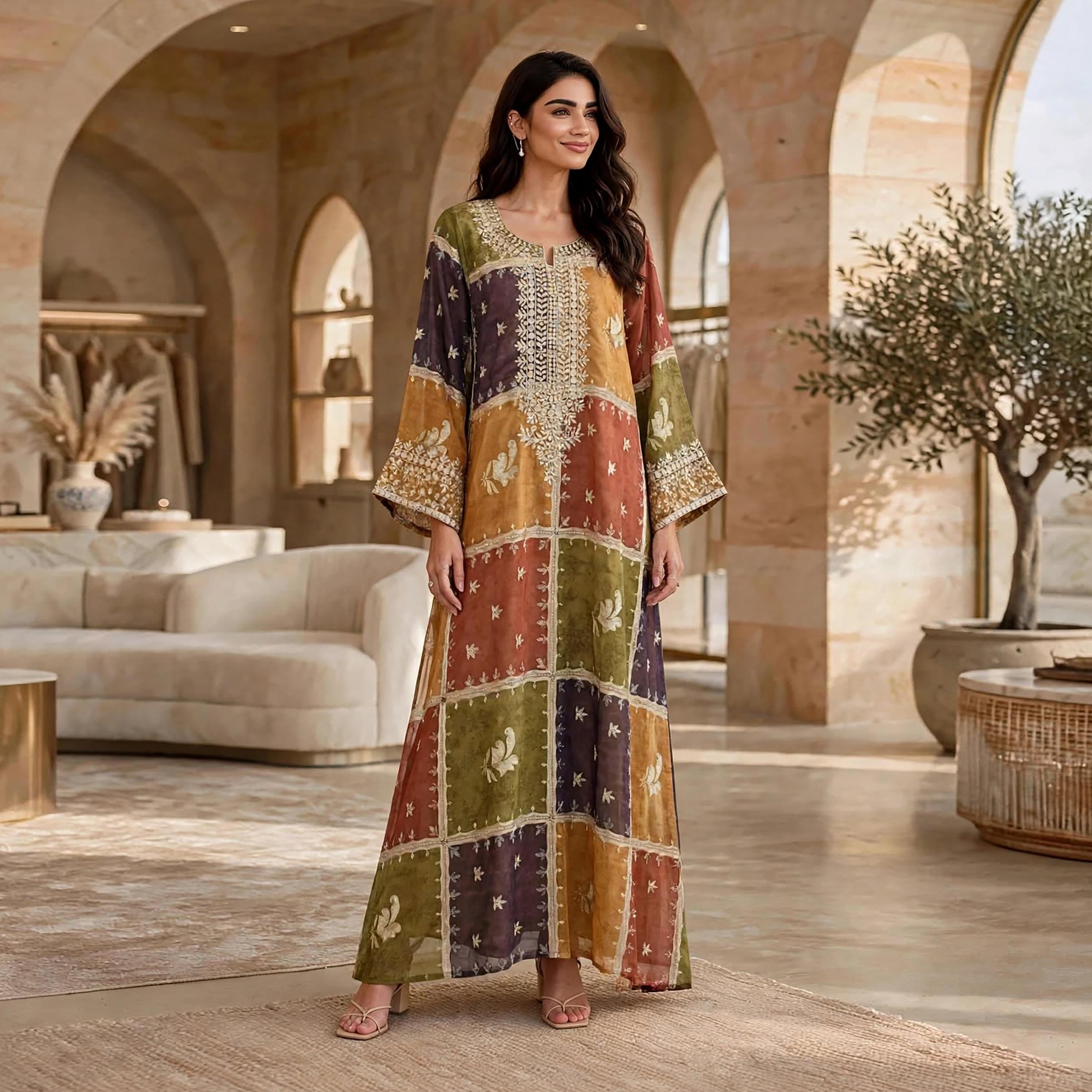 جلابية حريمي بألوان متباينة وأكمام واسعة من إيكسا-women-arabicclothing-jalabiyas-image-1