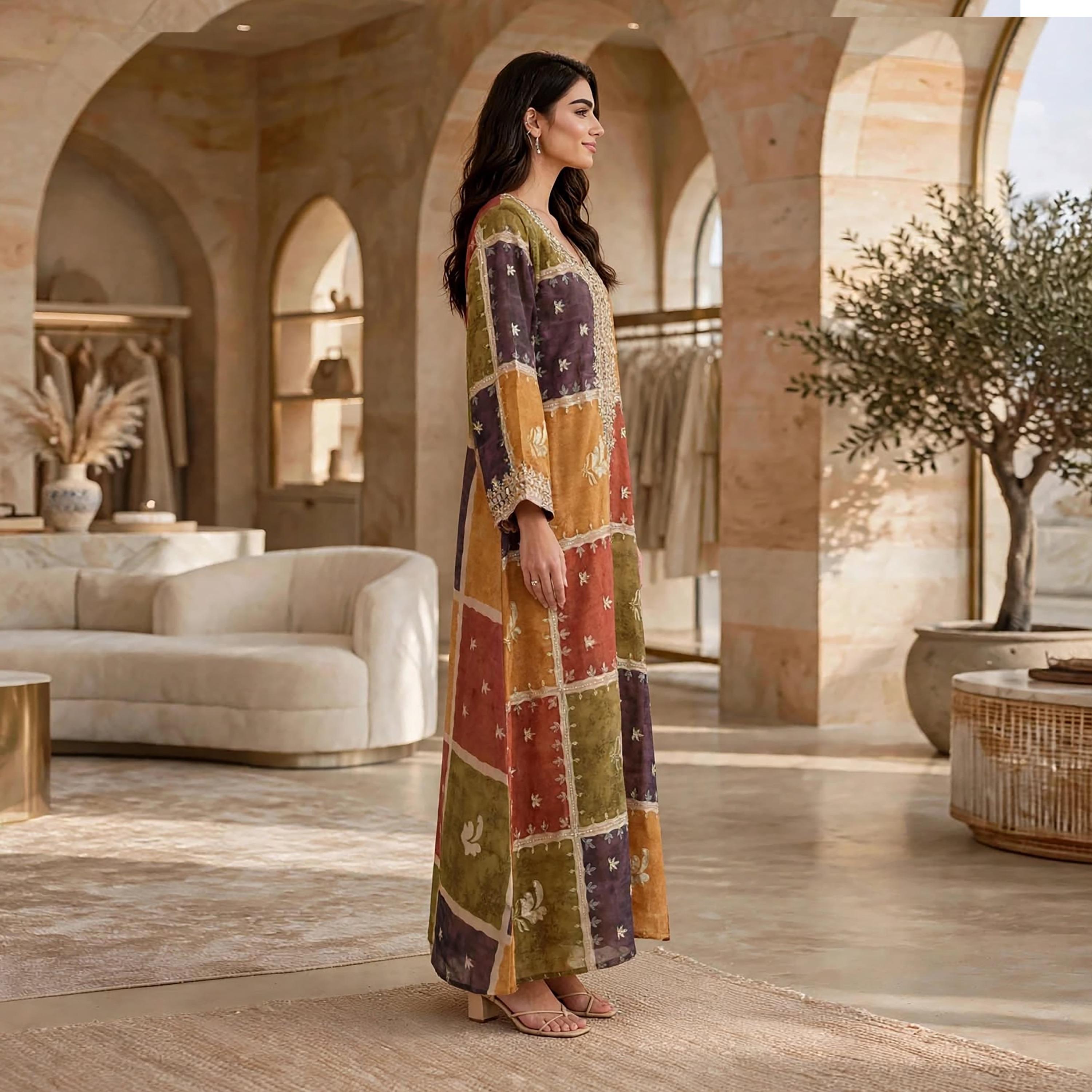 جلابية حريمي بألوان متباينة وأكمام واسعة من إيكسا-women-arabicclothing-jalabiyas-image-3