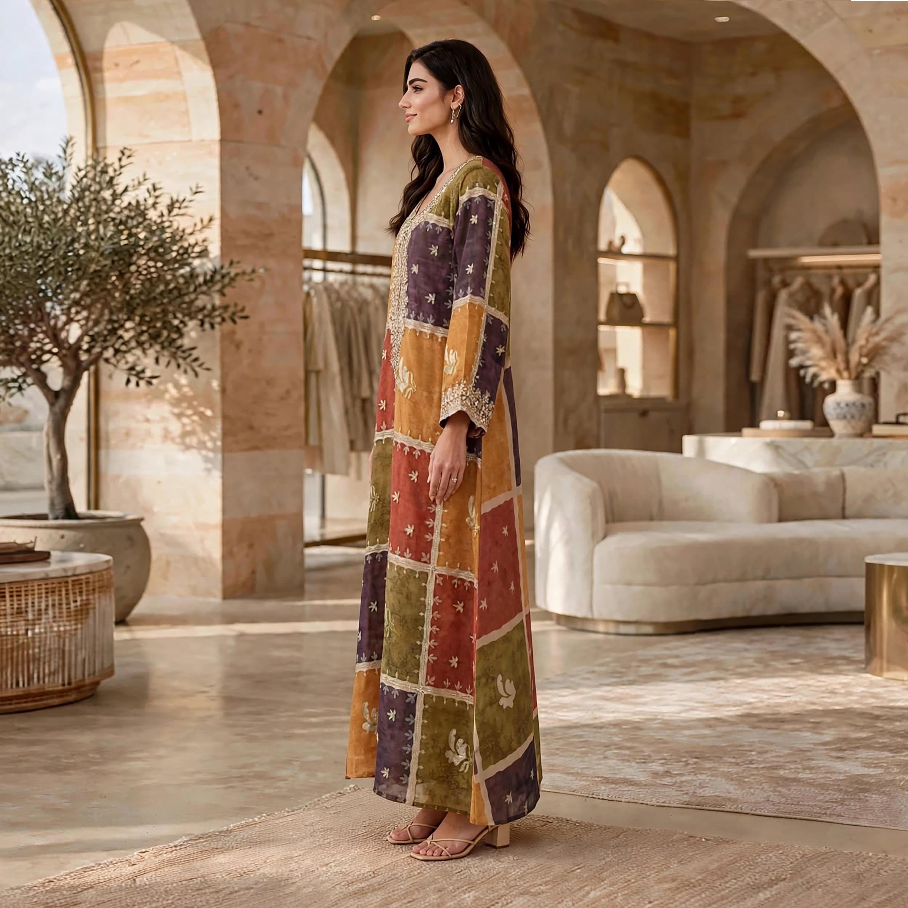 جلابية حريمي بألوان متباينة وأكمام واسعة من إيكسا-women-arabicclothing-jalabiyas-image-4