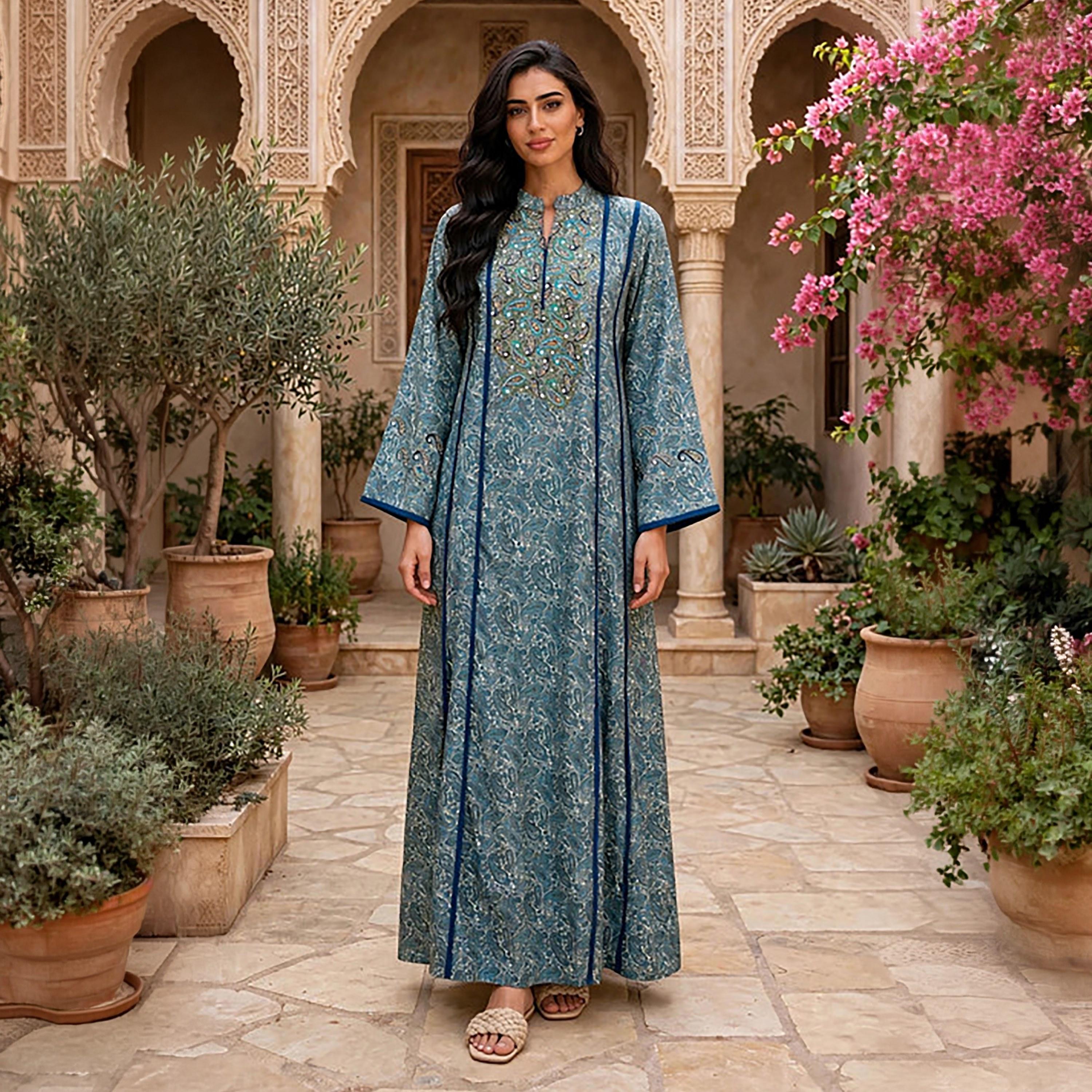 IKKXA All-Over Paisley Print Flared Sleeves Women's Jalabiya-women-arabicclothing-jalabiyas-image-6