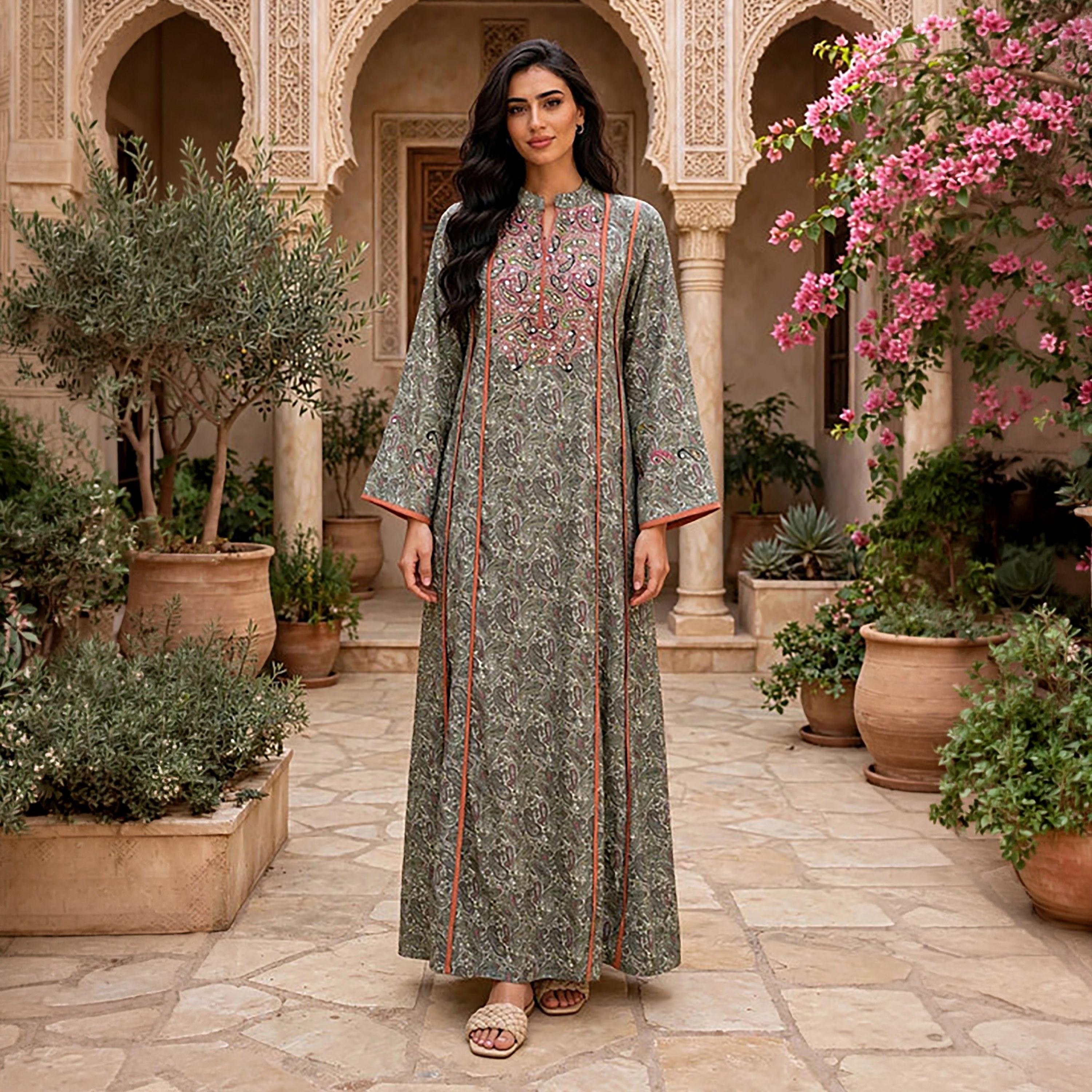 جلابية حريمي بأكمام واسعة وطبعة بيزلي بالكامل من إككسا-women-arabicclothing-jalabiyas-image-1